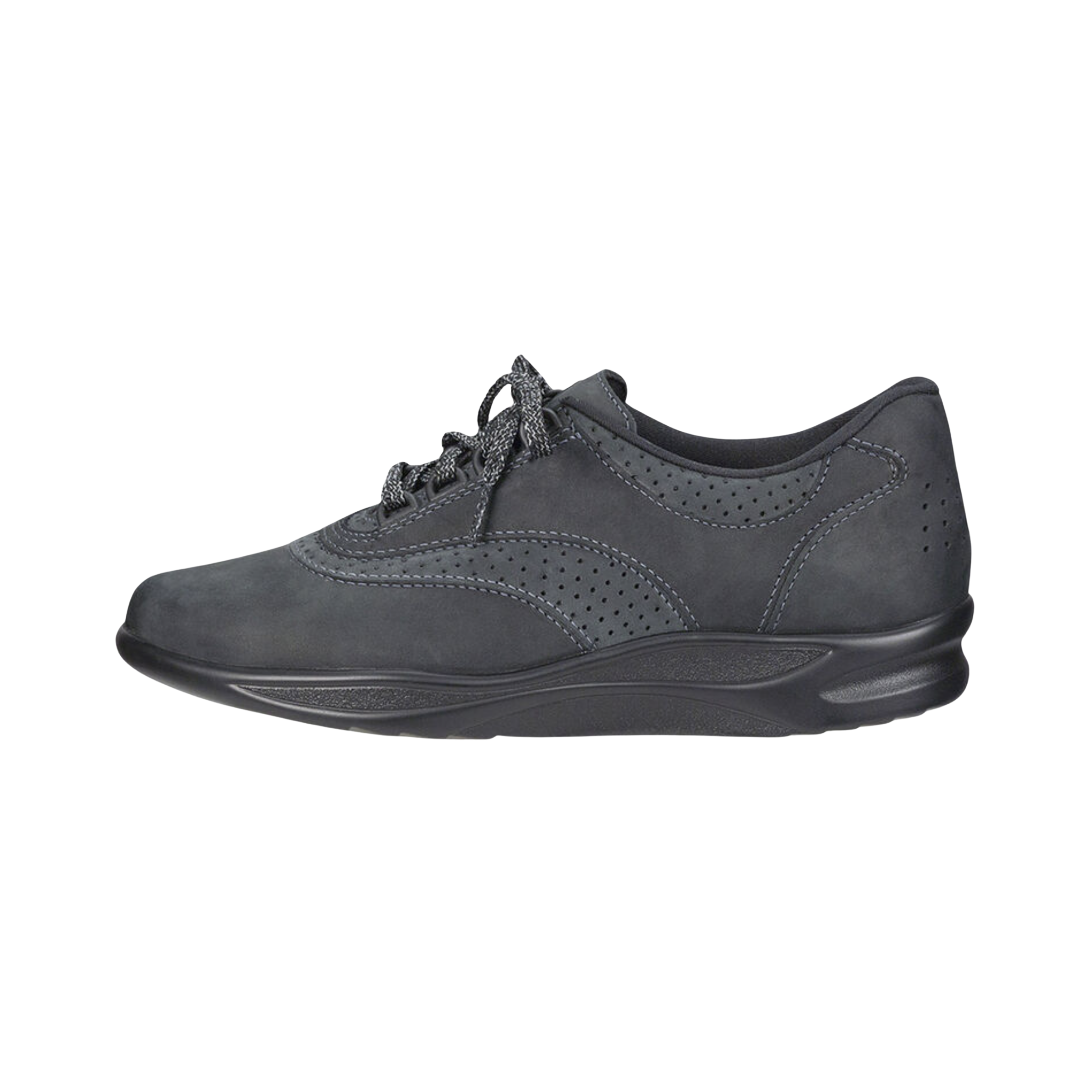 Side View of Women’s SAS Walk Easy in nero – featuring adjustable straps for a customized fit, supportive arch, and lightweight flexible sole for easy movement.
