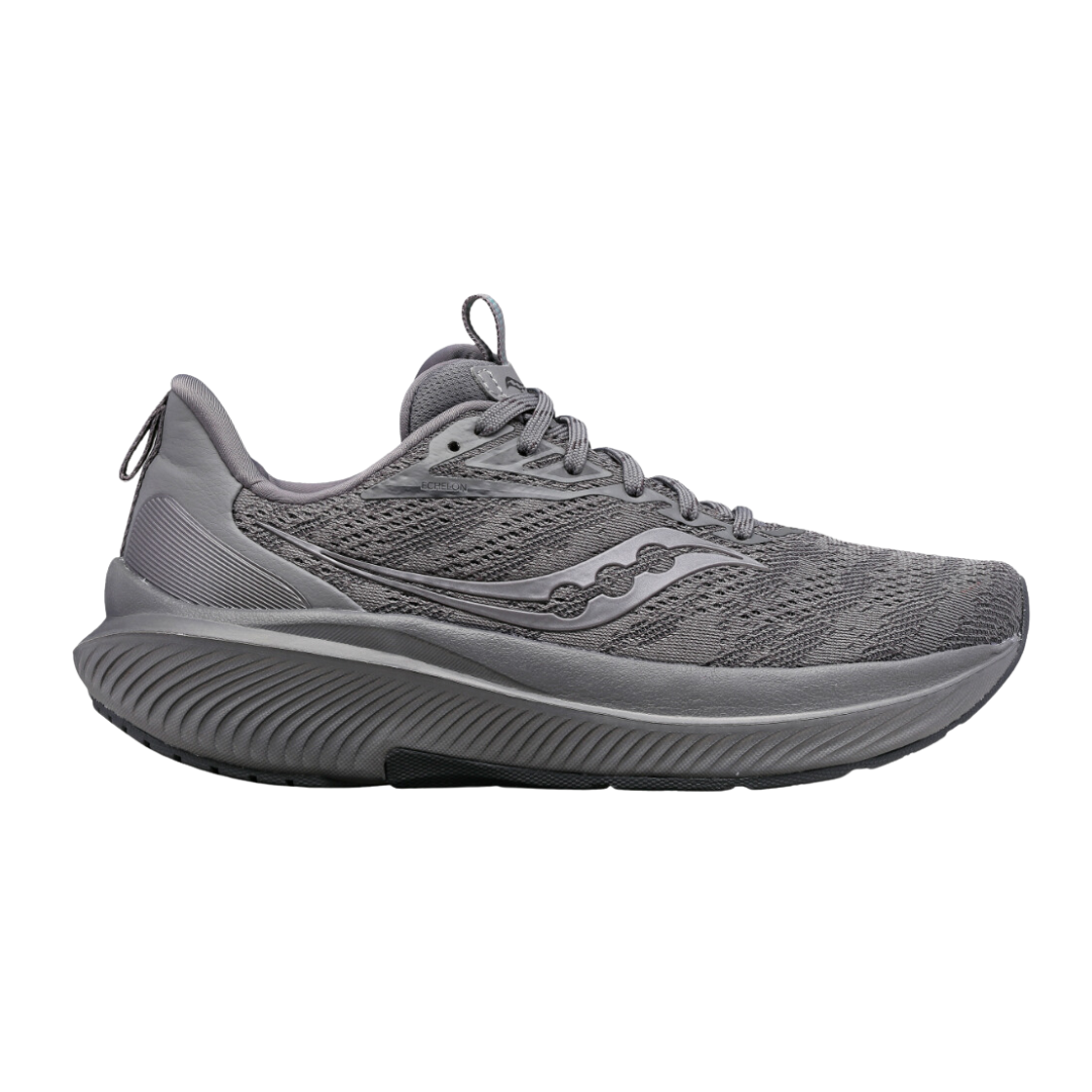 Side view of Men’s Saucony Echelon 9 athletic shoe in all grey – featuring a lightweight engineered mesh upper for breathability, PWRRUN cushioning providing soft responsiveness, a wide and stable platform for neutral support, and a durable rubber outsole for enhanced traction on varied surfaces.