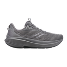 Side view of Men’s Saucony Echelon 9 athletic shoe in all grey – featuring a lightweight engineered mesh upper for breathability, PWRRUN cushioning providing soft responsiveness, a wide and stable platform for neutral support, and a durable rubber outsole for enhanced traction on varied surfaces.