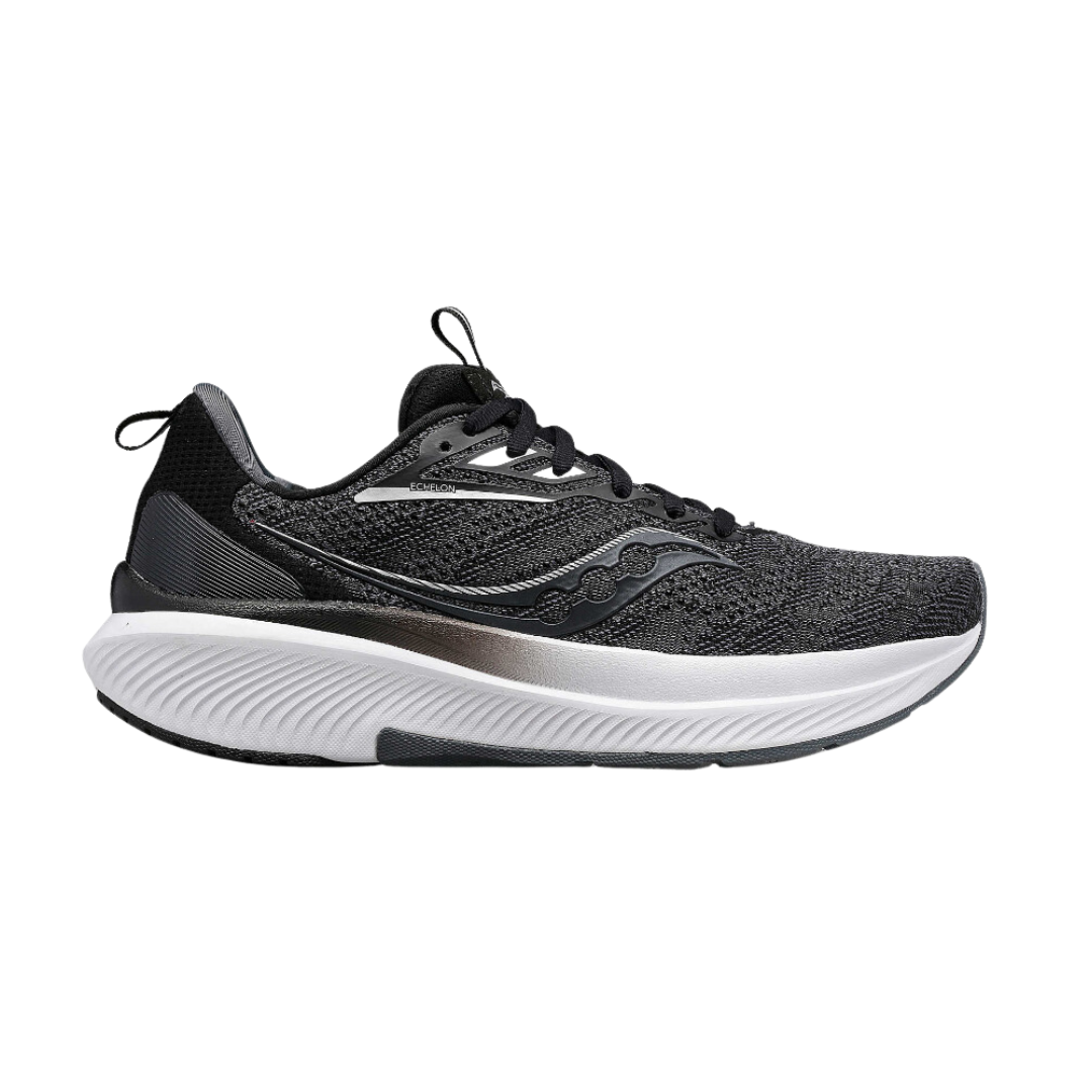 Side view of Women’s Saucony Echelon 9 in Black/White – featuring a full-length PWRRUN cushioned midsole, engineered mesh upper in black, and a stable, neutral platform with white midsole contrast for everyday support.
