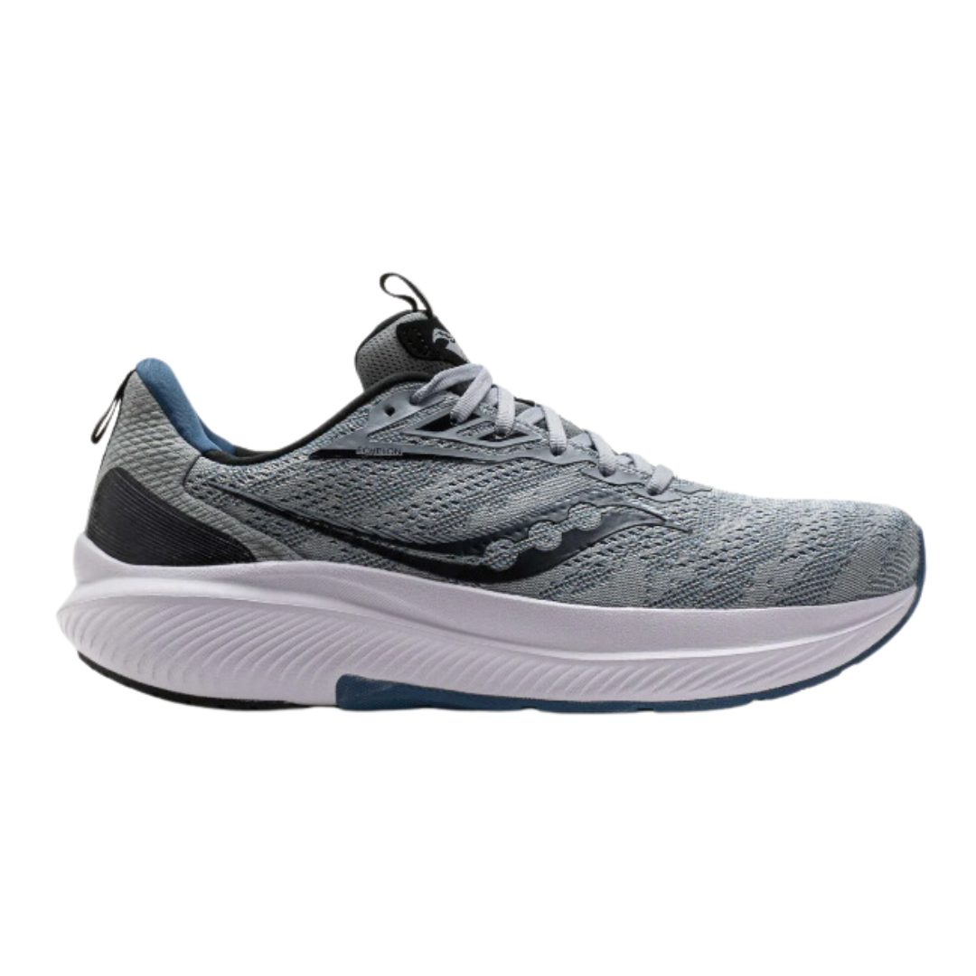 Side view of Men's Saucony Echelon 9 athletic shoe in fossil grey, blue, black, and white – featuring a breathable engineered mesh upper for enhanced airflow, cushioned PWRRUN midsole for responsive impact absorption, supportive heel counter for stability, and durable rubber outsole with multidirectional traction for reliable grip on various surfaces.