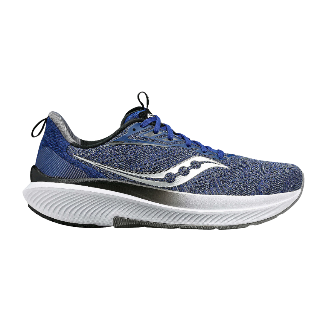 Side view of Men's Saucony Echelon 9 athletic shoe in navy, black, and white – featuring lightweight mesh construction for ventilation, supportive midsole cushioning for stability, reinforced heel for secure fit, and durable outsole with multi-surface traction.