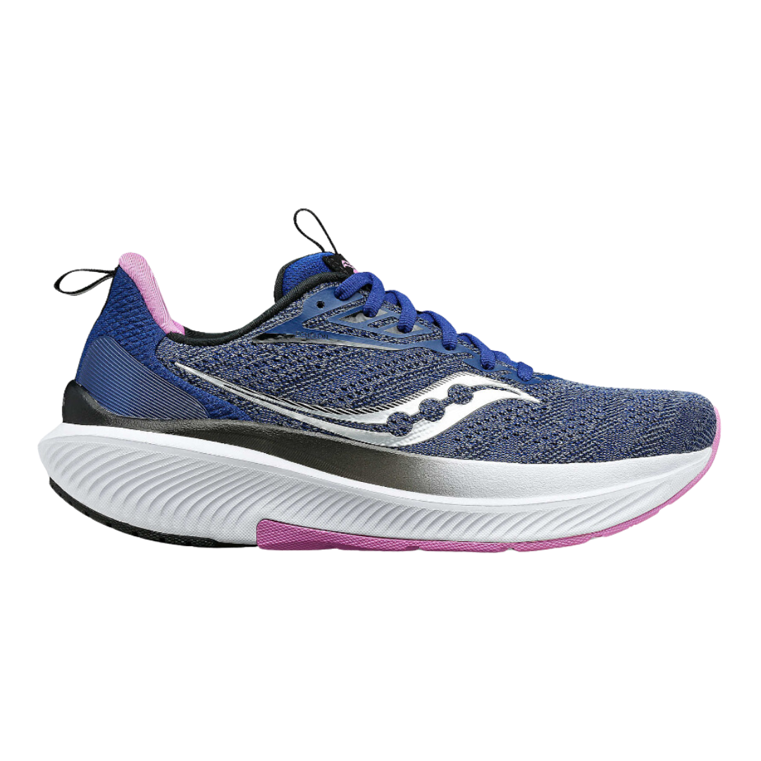 Side view of Women’s Saucony Echelon 9 in Indigo/Grape – featuring a breathable engineered mesh upper, PWRRUN cushioning for soft responsiveness, a stable platform with neutral support, and vibrant grape purple accents along the heel and sole.