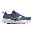 Side view of Women’s Saucony Echelon 9 in Indigo/Grape – featuring a breathable engineered mesh upper, PWRRUN cushioning for soft responsiveness, a stable platform with neutral support, and vibrant grape purple accents along the heel and sole.