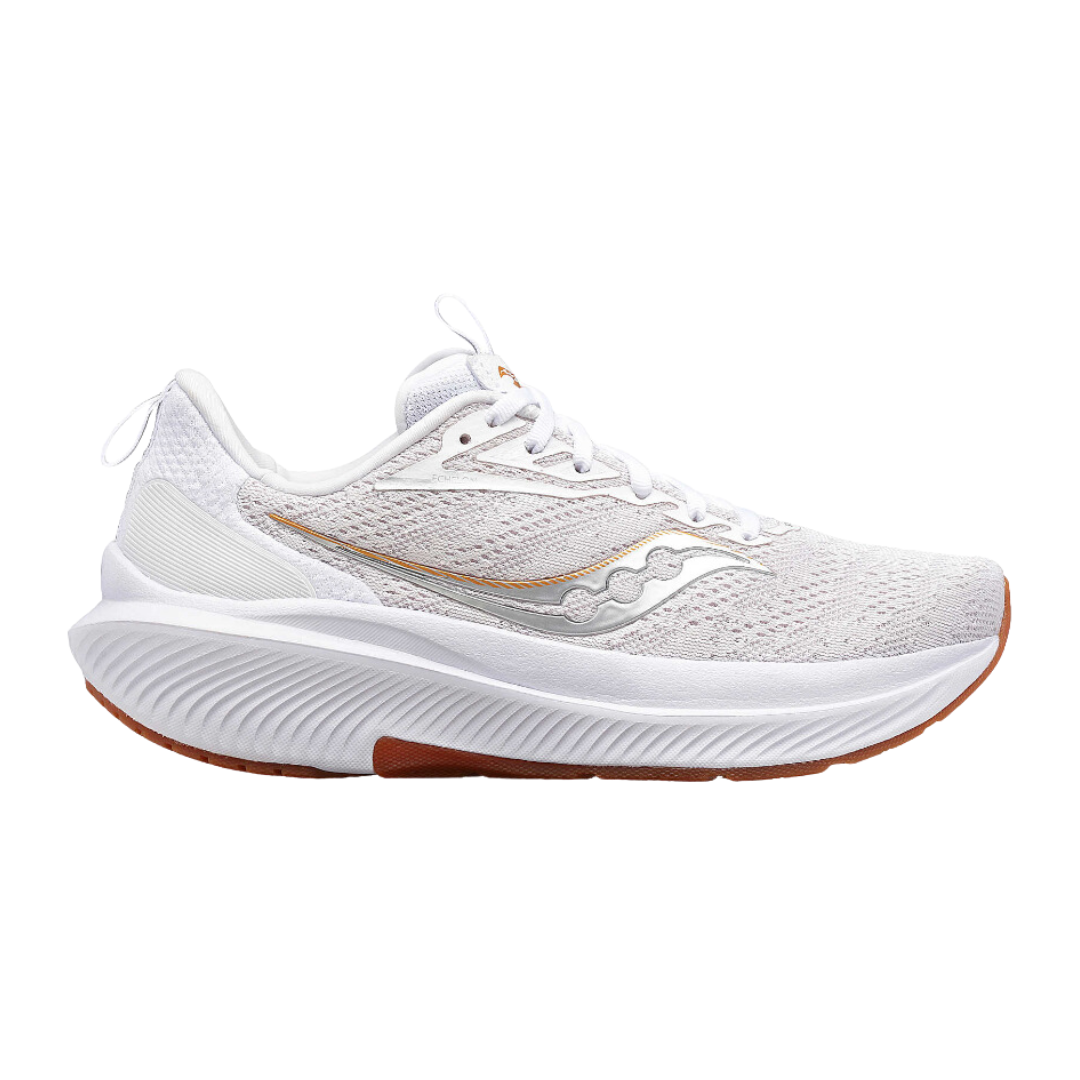 Side view of Saucony Echelon 9 athletic shoe in all white – featuring full-length PWRRUN cushioning for soft responsiveness, engineered mesh upper to keep feet cool, wide and stable platform for neutral support, and high-traction outsole for road grip.