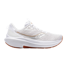 Side view of Saucony Echelon 9 athletic shoe in all white – featuring full-length PWRRUN cushioning for soft responsiveness, engineered mesh upper to keep feet cool, wide and stable platform for neutral support, and high-traction outsole for road grip.