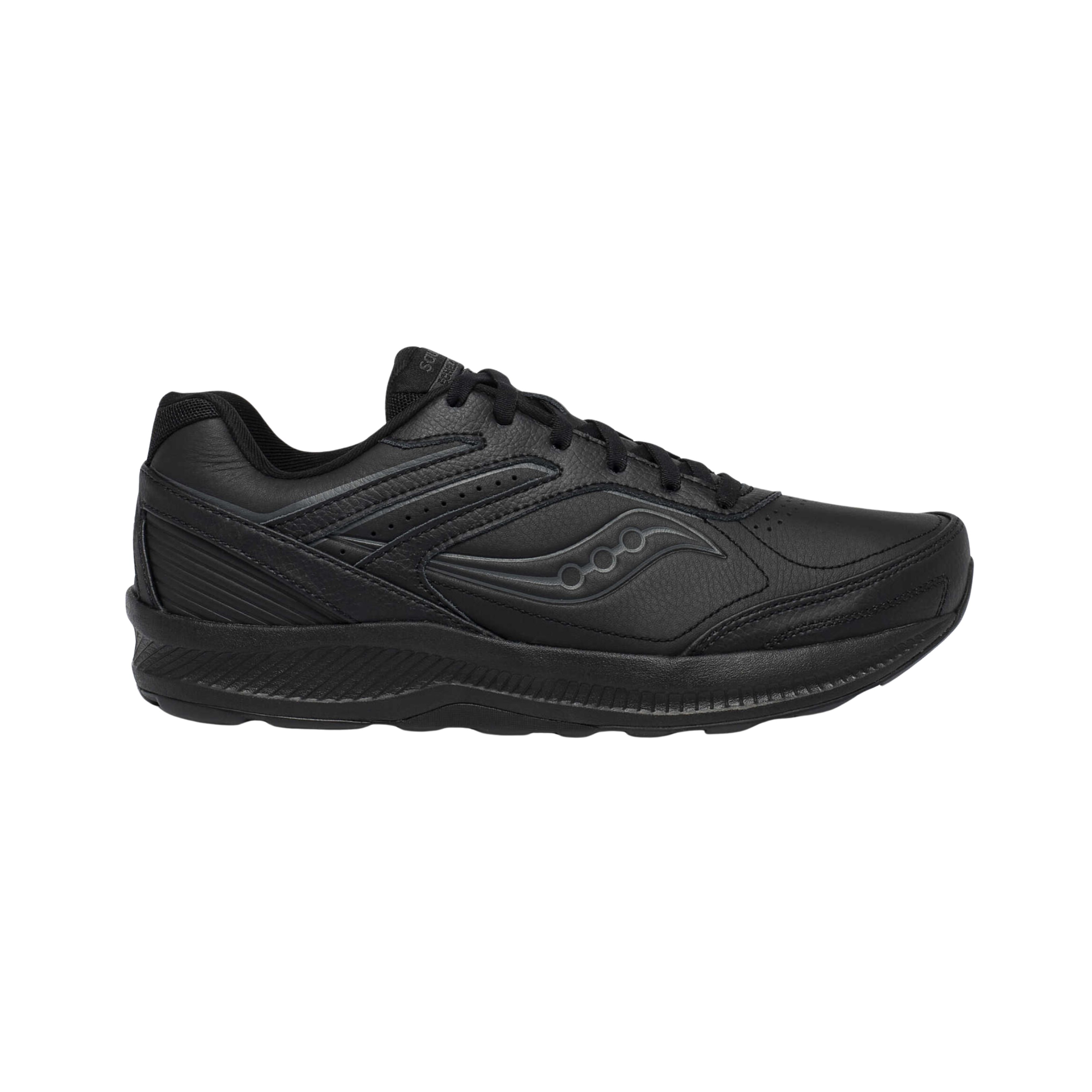 Side view of Saucony Echelon Walker 3 in black – featuring a full-grain leather upper, PWRRUN cushioning for all-day comfort, supportive heel frame for stability, and a sleek all-black design ideal for walking and occupational use.