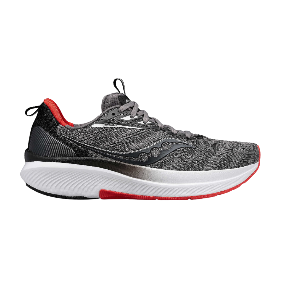 Side view of Men’s Saucony Echelon 9 athletic shoe in charcoal – featuring breathable mesh upper, full-length cushioning for soft responsiveness, wide stable base for neutral runners, and rugged outsole for trail grip.