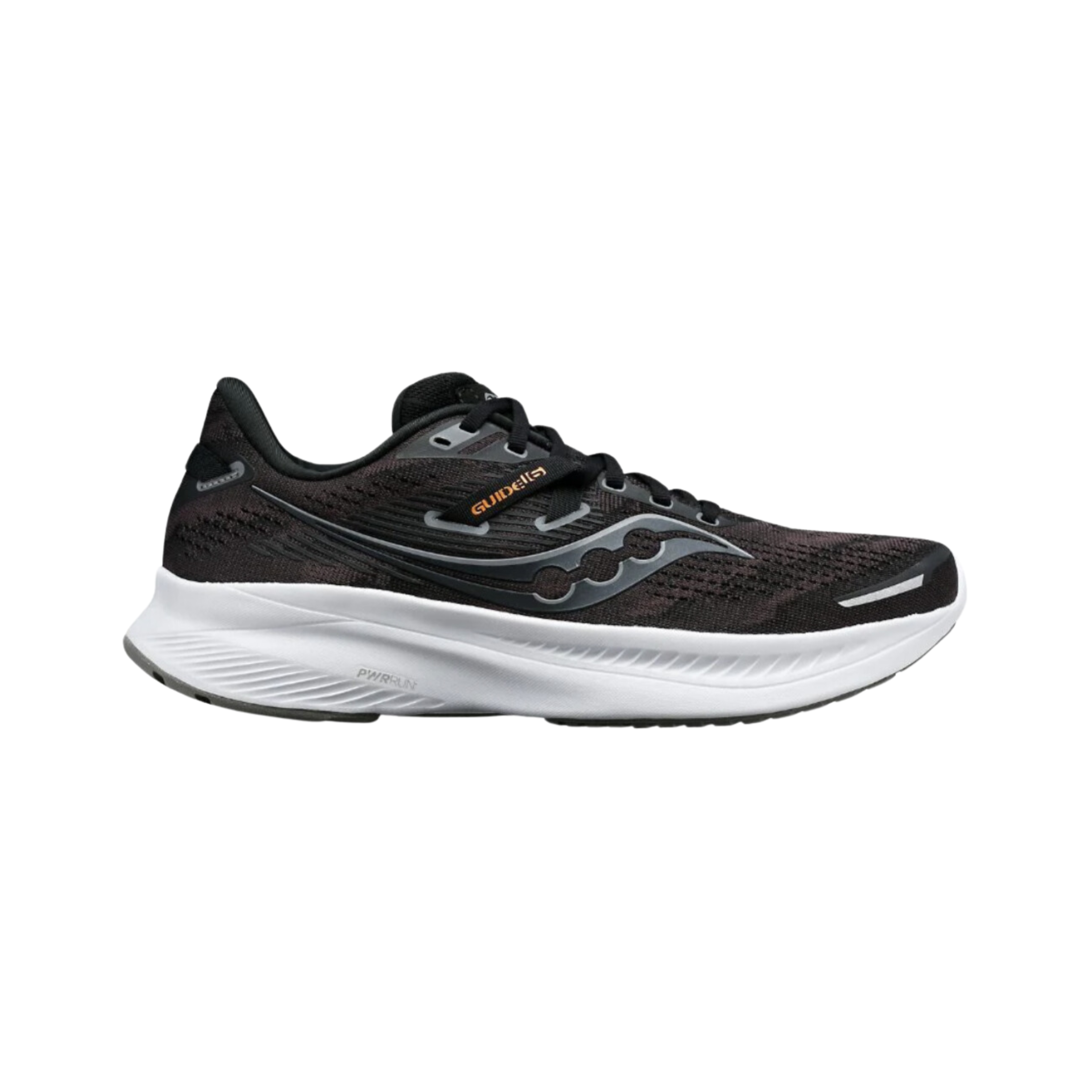 Side view of Women’s Saucony Guide 16 in Black/White – featuring a streamlined black engineered mesh upper, PWRRUN cushioning for soft responsiveness, medial stability support, and a clean black and white color scheme for everyday running.
