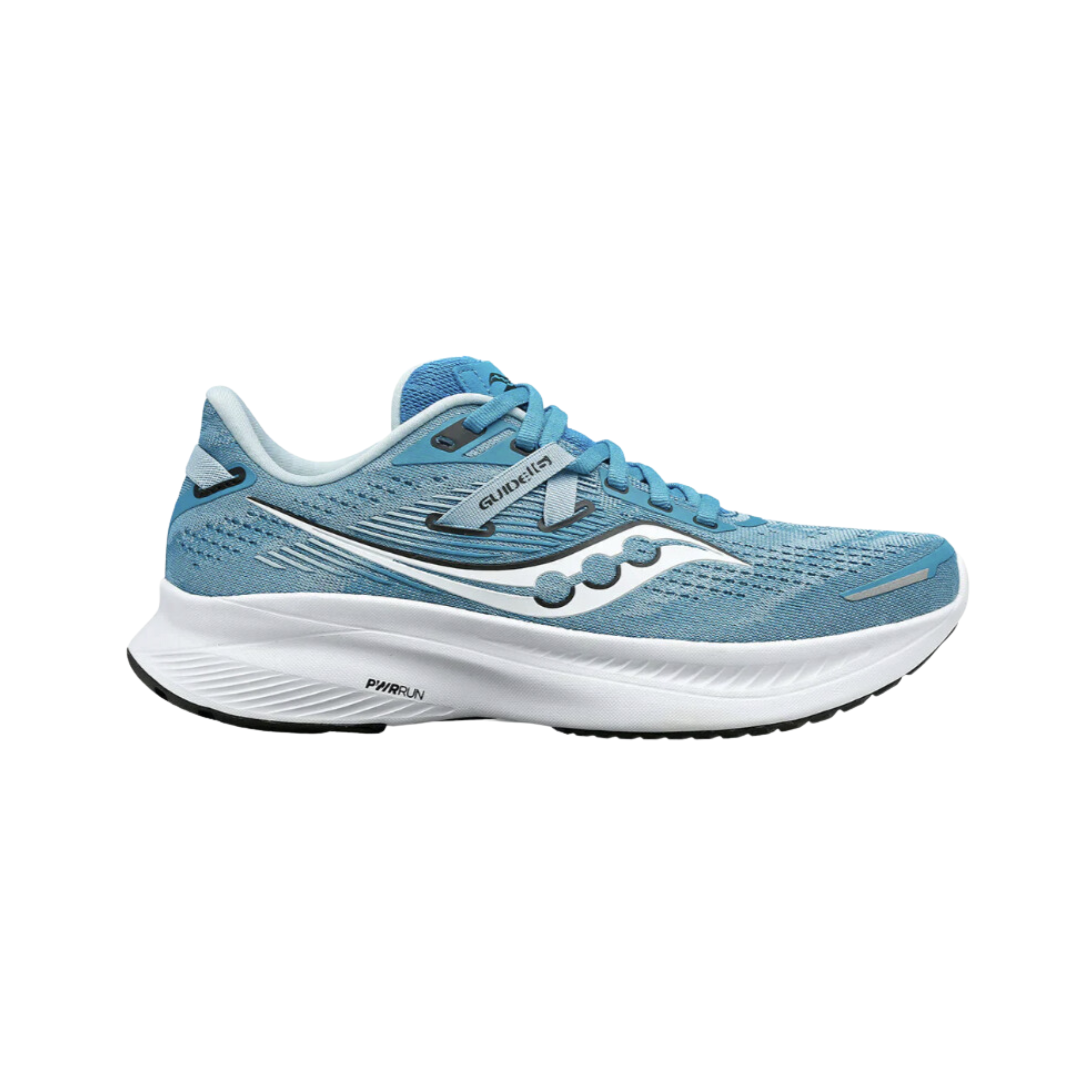 Side view of Women’s Saucony Guide 16 in Ink/White – featuring an engineered mesh upper, PWRRUN cushioning for soft yet responsive comfort, medial support frame for stability, and a stylish ink and white color combination for everyday training.