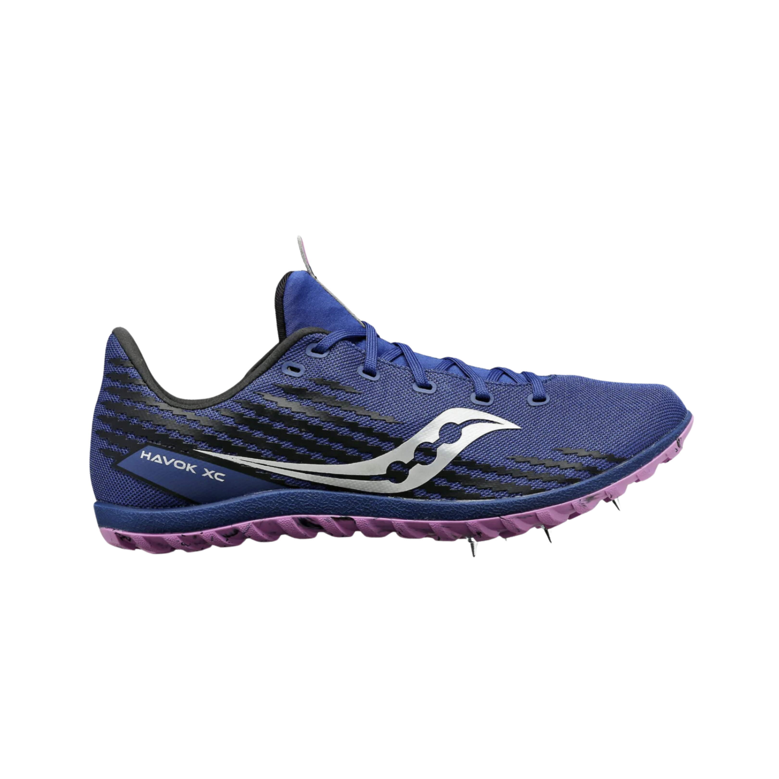 Side view of Women’s Saucony Havok XC3 Spikes in indigo – featuring an ultralight mesh upper, midfoot support cage for stability, 6-pin spike plate, and sleek performance design optimized for cross-country terrain.