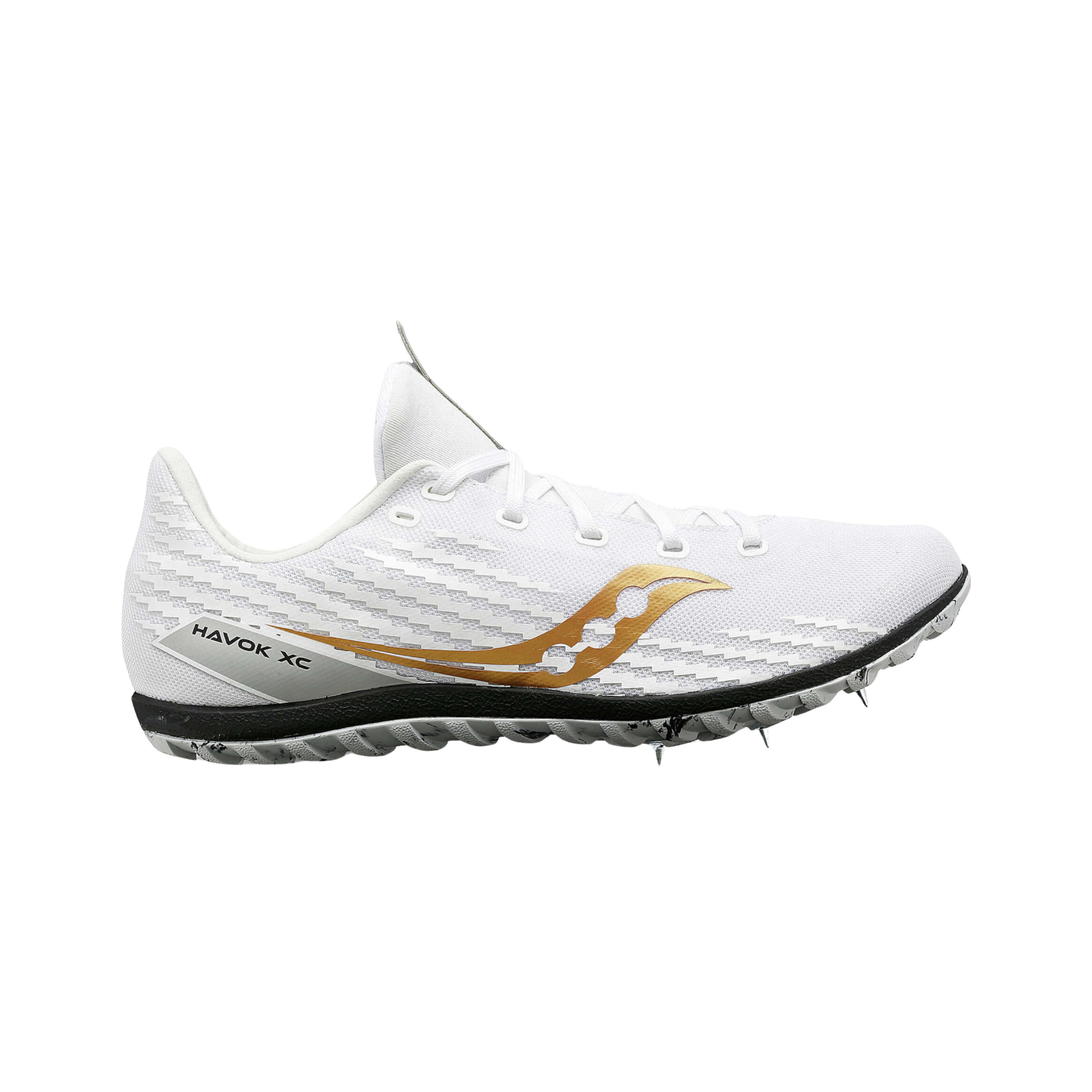 Side view of Women’s Saucony Havok XC3 Spikes in white – featuring an ultralight mesh upper, molded midfoot cage for support, removable spike plate, and a sleek, aerodynamic profile designed for traction and speed on varied terrain.