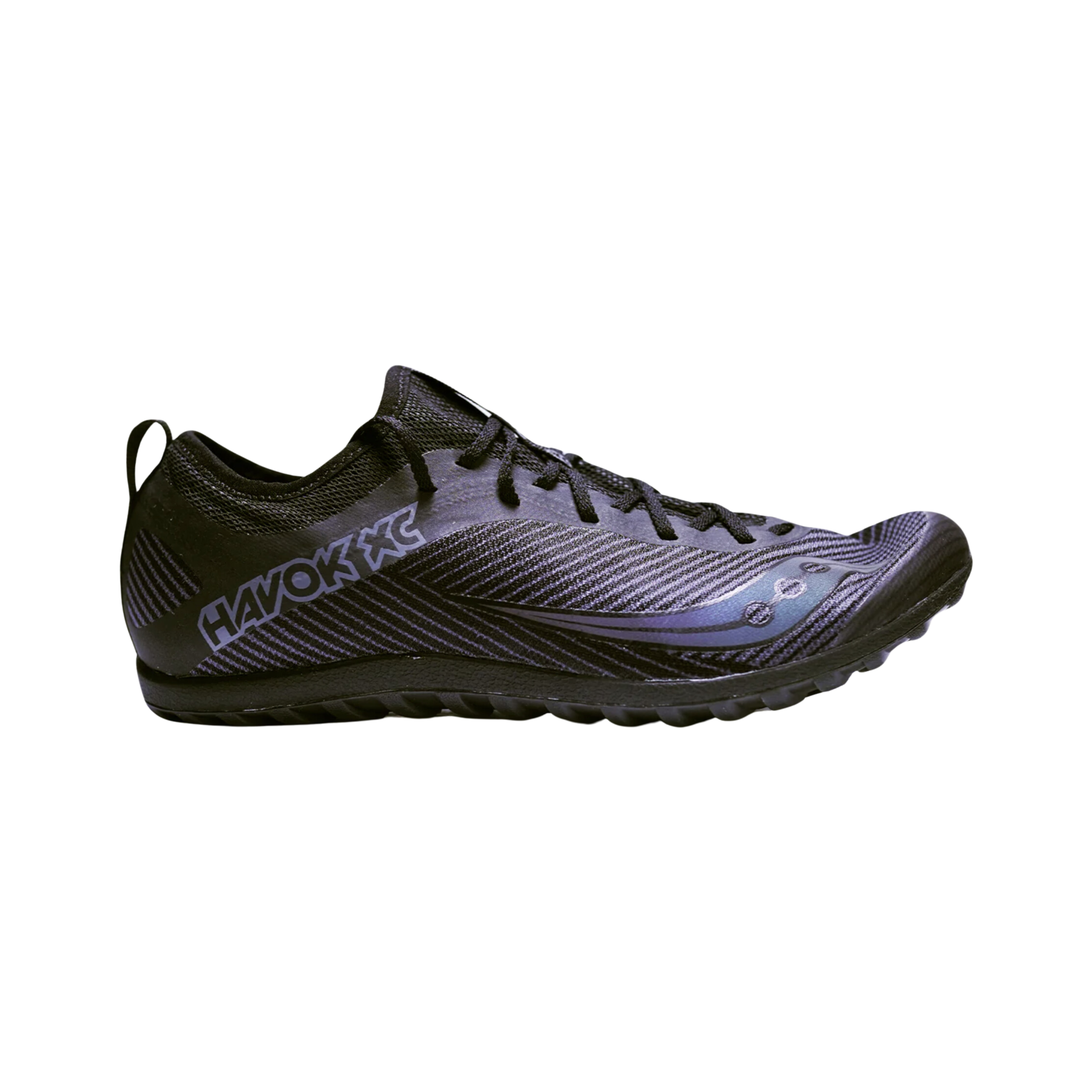 Side view of Men’s Saucony Havok XC2 Flat cross-country running shoe in black – featuring lightweight breathable mesh upper for optimal airflow, durable synthetic overlays for added support and structure, responsive midsole cushioning designed for explosive speed and impact absorption, flexible outsole with aggressive tread pattern for superior traction on varied terrain, and sleek low-profile silhouette built for competitive racing and trail performance.