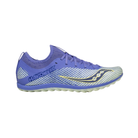 Side view of Women’s Saucony Havok XC2 Flat in Purple/Yellow – featuring a lightweight mesh upper, supportive midfoot overlays, aggressive rubber outsole without spikes, and bold color contrast for visibility on the cross-country course.