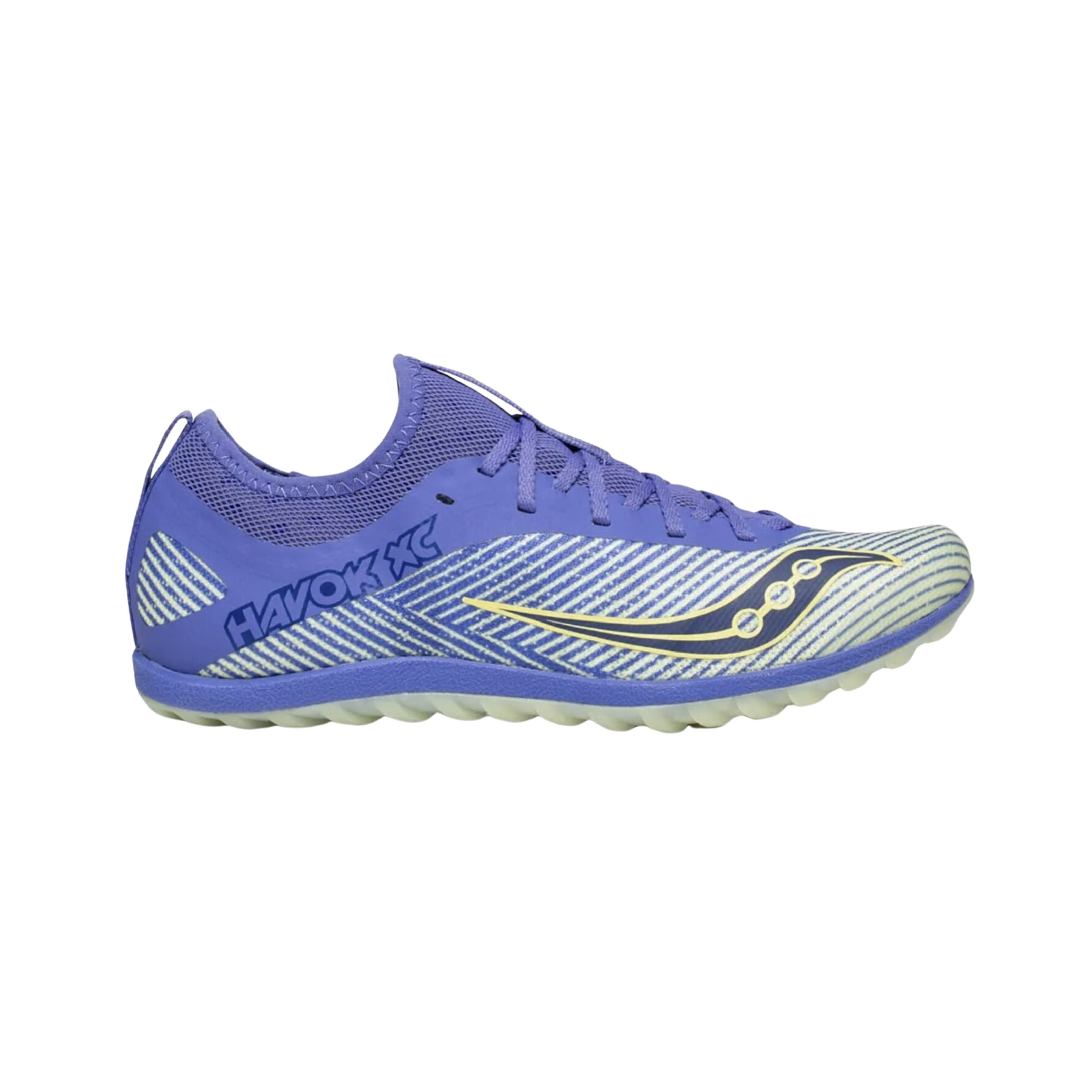 Side view of Women’s Saucony Havok XC2 Flat in Purple/Yellow – featuring a lightweight mesh upper, supportive midfoot overlays, aggressive rubber outsole without spikes, and bold color contrast for visibility on the cross-country course.