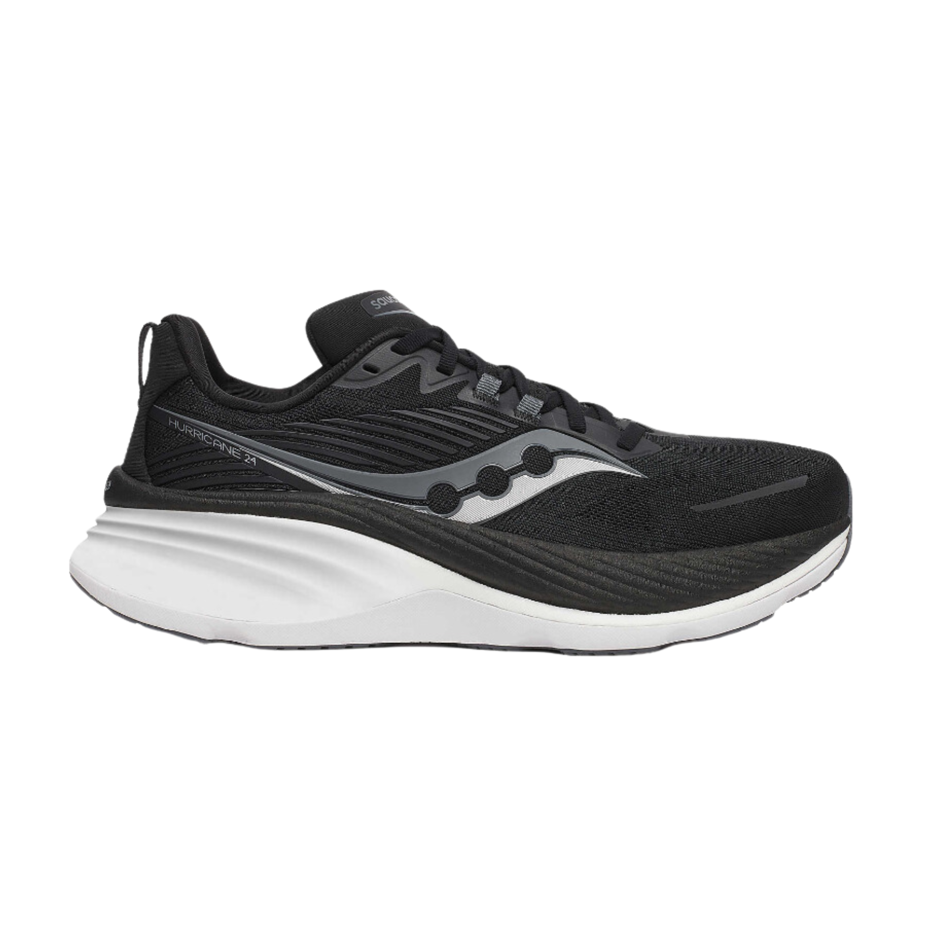 Side view of Men’s Saucony Hurricane 24 athletic shoe in black – featuring engineered mesh upper for breathability, responsive cushioning for impact absorption, a stable platform for support, and durable outsole for traction and durability.