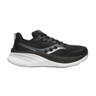 Side view of Men's Saucony Hurricane 24 athletic shoe in black and white – featuring reinforced upper for durability, cushioned midsole for shock absorption, stability features to control pronation, and a durable outsole designed for road and trail use.