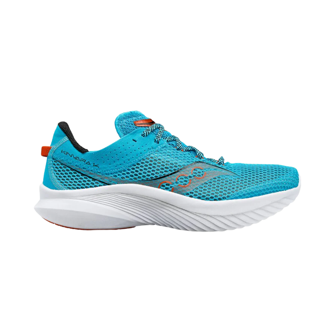 Side View of Men’s Saucony Kinvara 14 Running Shoe in Agave/Lava – Features include PWRRUN cushioning for lightweight responsiveness, streamlined upper for speed-focused performance, and beveled midsole for smooth transitions.