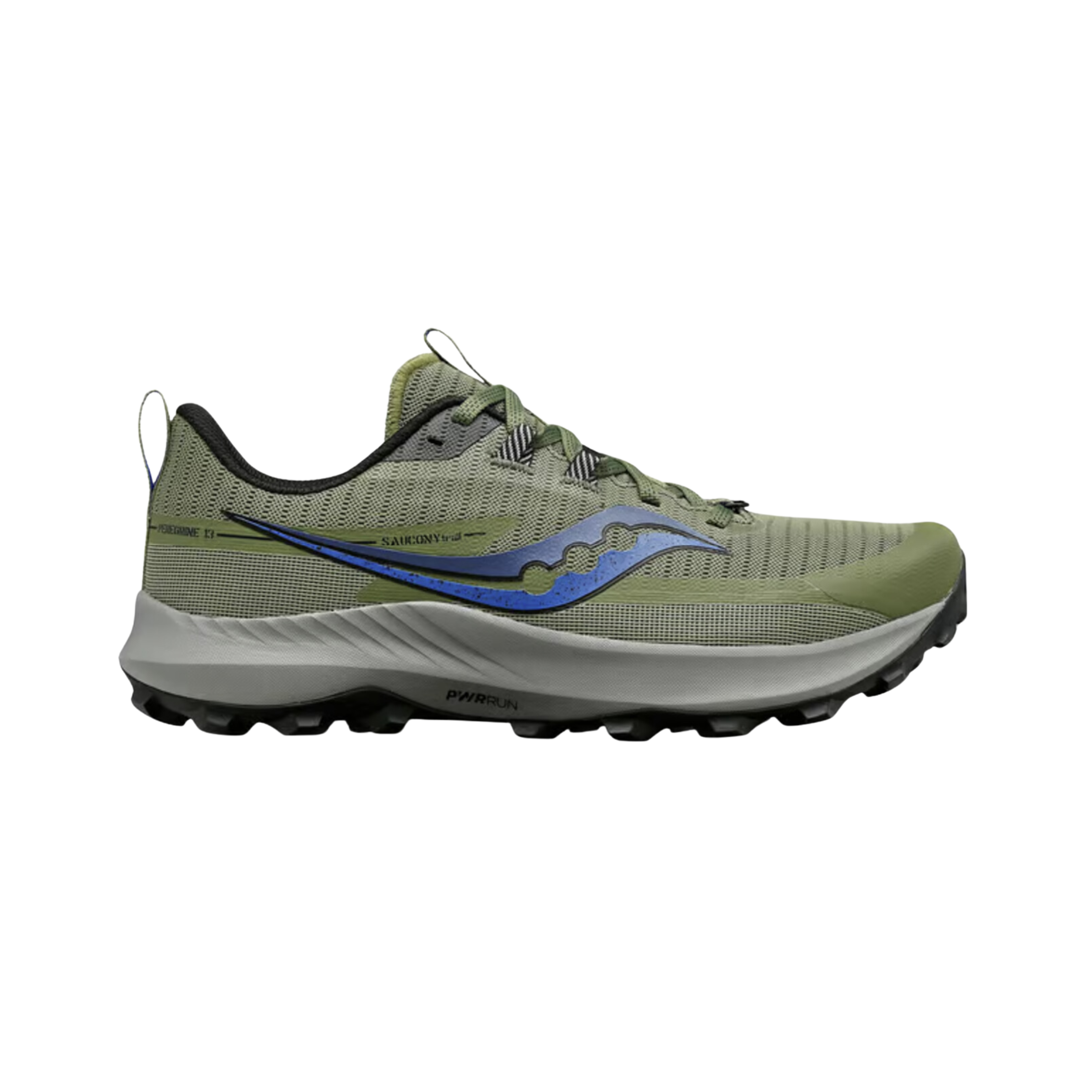 Side view of Men’s Saucony Peregrine 13 in Glade/Black – featuring a lightweight engineered mesh upper, responsive PWRRUN midsole cushioning, aggressive PWRTRAC outsole lugs, and a rugged green and black color scheme built for off-road traction and durability.