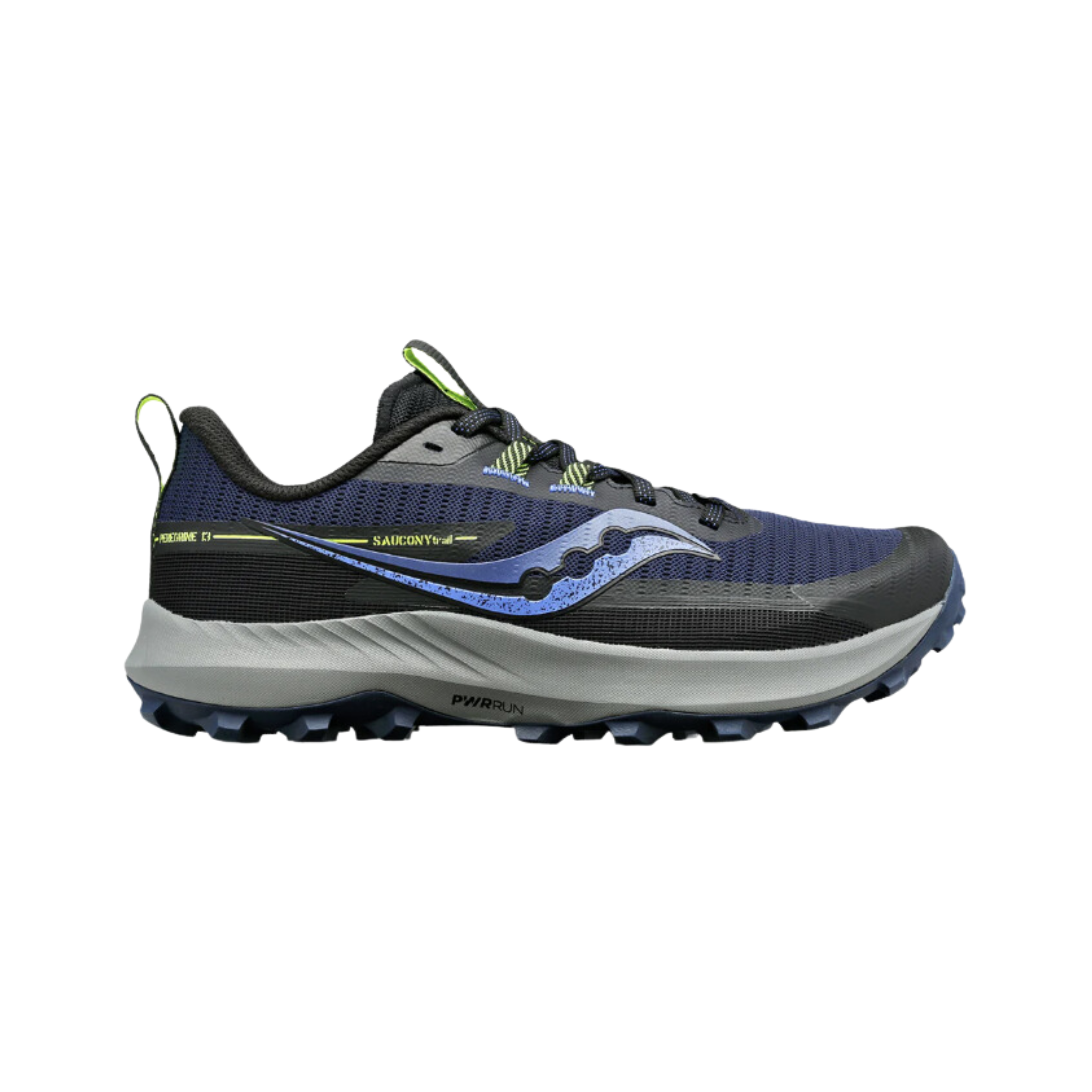 Side view of Women’s Saucony Peregrine 13 in Night/Fossil – featuring a durable engineered mesh upper, PWRRUN cushioning for responsive underfoot comfort, aggressive PWRTRAC outsole lugs, and fossil-toned detailing for a rugged, trail-ready design.