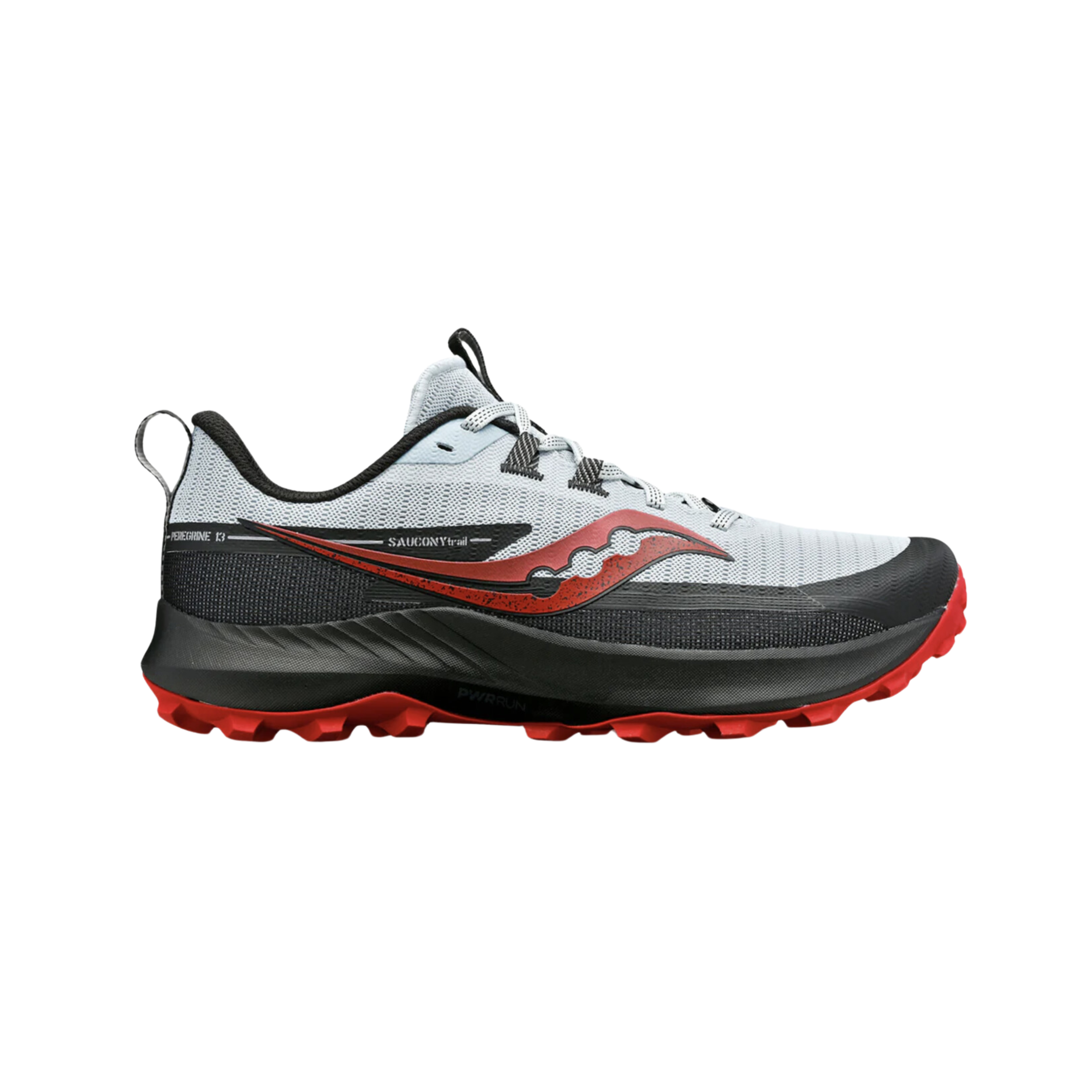 Side view of Saucony Peregrine 13 in Vapor/Poppy – featuring a lightweight engineered mesh upper, responsive PWRRUN cushioning, aggressive PWRTRAC outsole lugs, and bold poppy red detailing for high-visibility trail performance.