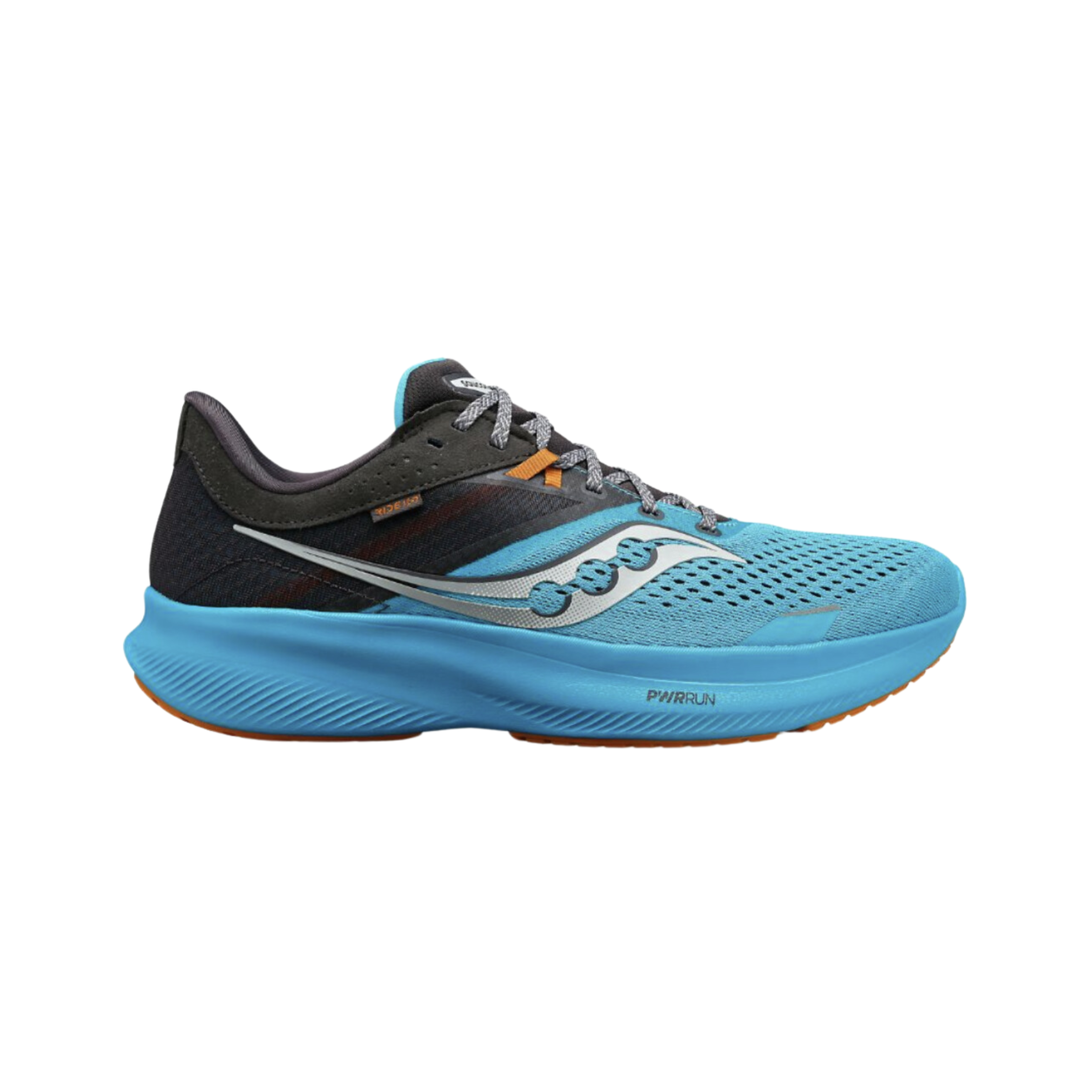 Side view of Men’s Saucony Ride 16 in Agave/Basalt – featuring a lightweight engineered mesh upper, PWRRUN cushioning for soft responsiveness, a neutral platform for balanced support, and a sleek design with basalt grey accents.