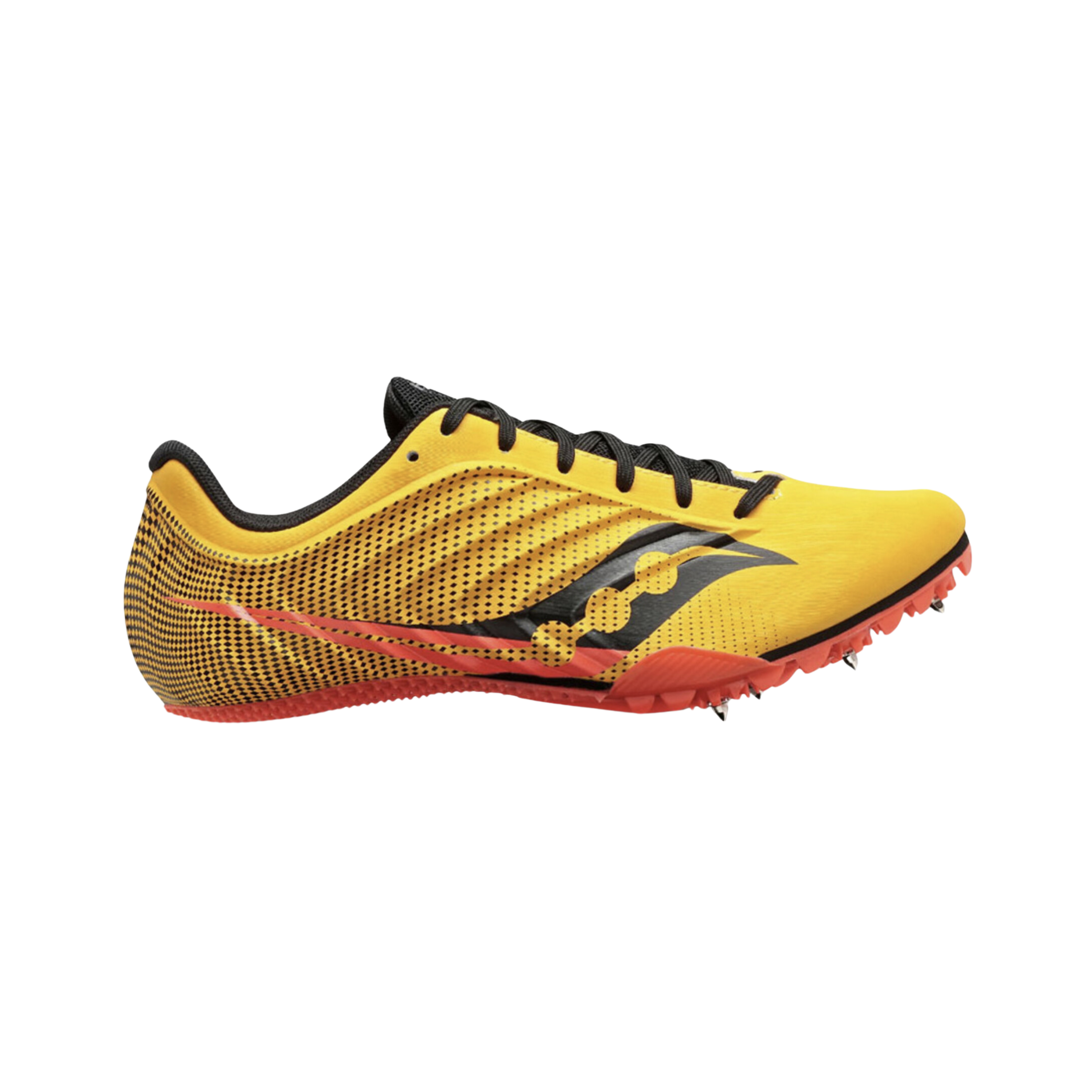 Side view of Women’s Saucony Spitfire 5 Spikes in ViziGold/ViziRed – featuring a lightweight synthetic upper, bold ViziGold and ViziRed color blocking, low-profile sprint plate with removable spikes, and aggressive styling built for speed.