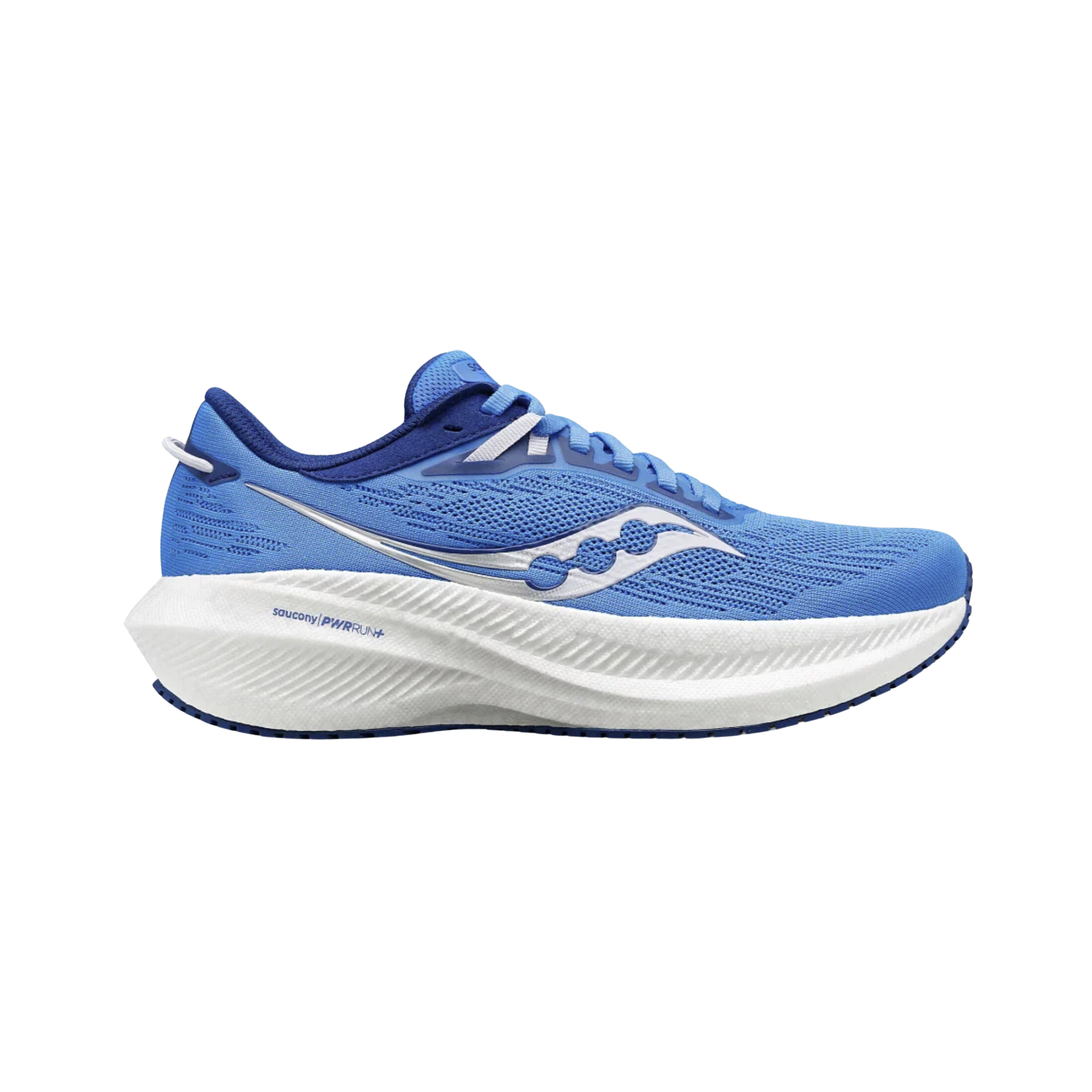 Side view of Women’s Saucony Triumph 21 in Blue Light/Mauve – featuring a breathable engineered mesh upper, PWRRUN+ cushioning for a plush ride, durable rubber outsole, and subtle mauve accents for a stylish, high-performance running shoe.