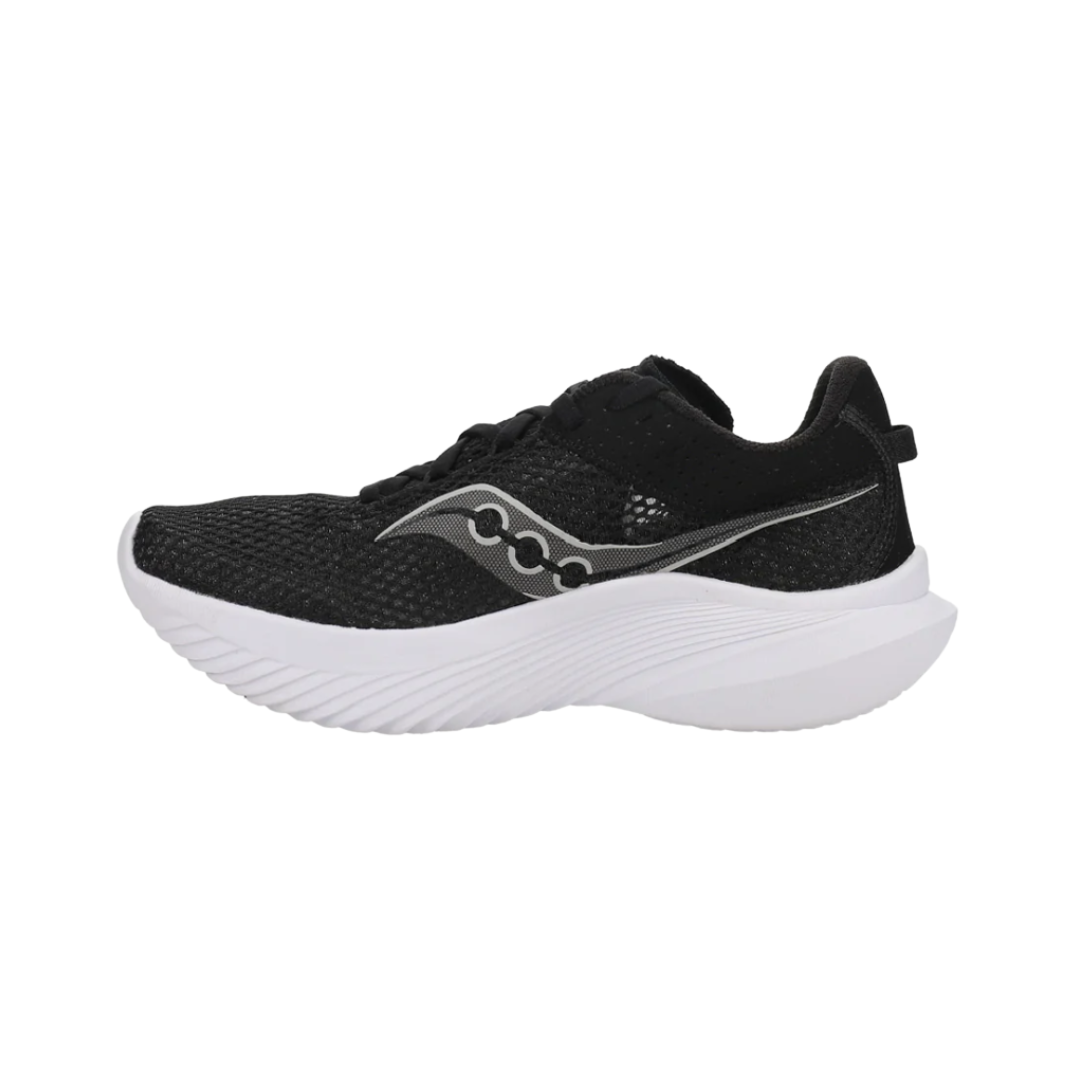 Side View of Women’s Saucony Kinvara 14 Running Shoe in Black/White – Features include PWRRUN midsole cushioning for a lightweight ride, streamlined upper for speed, and beveled midsole for smooth transitions.