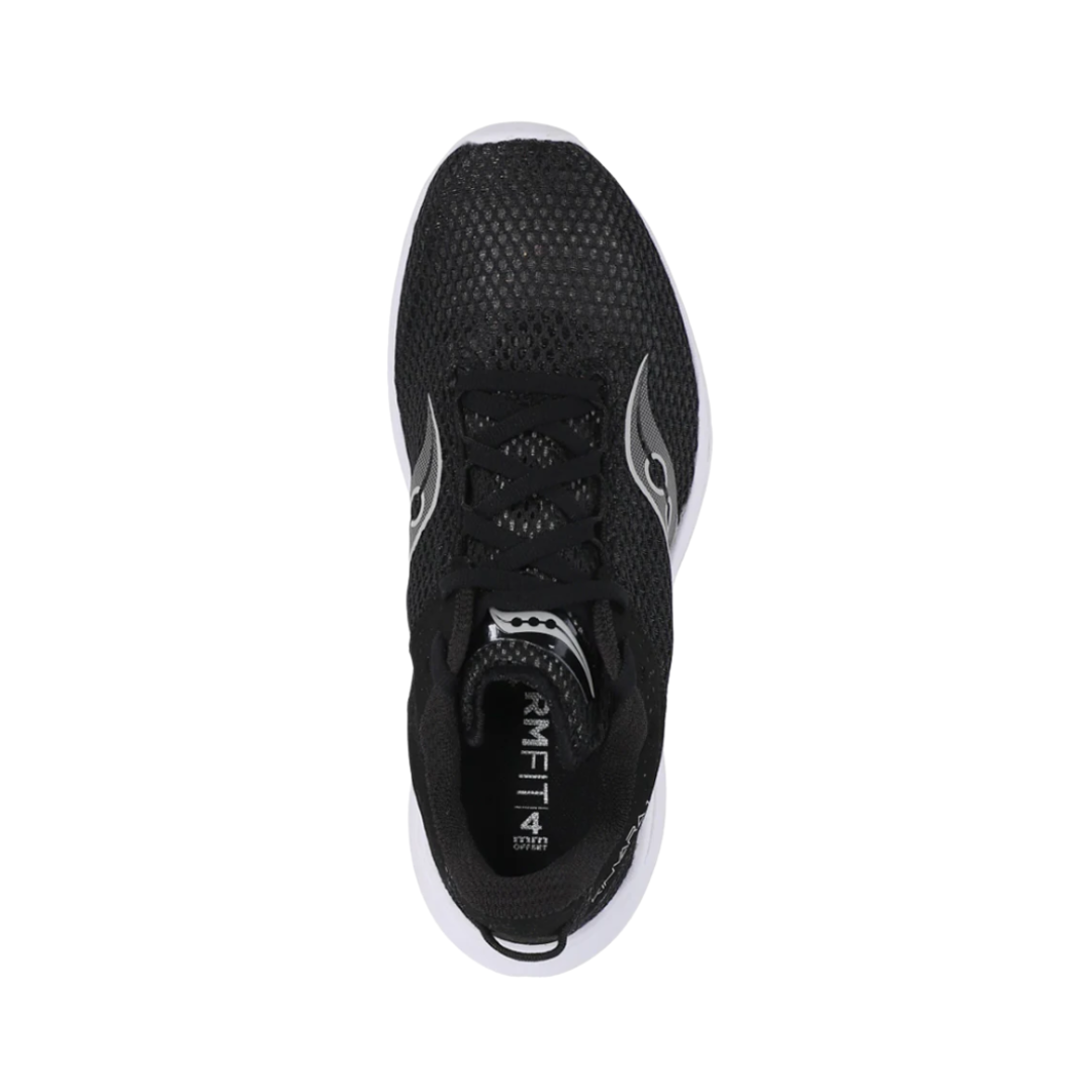 Top View of Women’s Saucony Kinvara 14 Running Shoe in Black/White – Features include engineered mesh upper for breathability, traditional lace-up closure, and padded collar for comfort and fit.