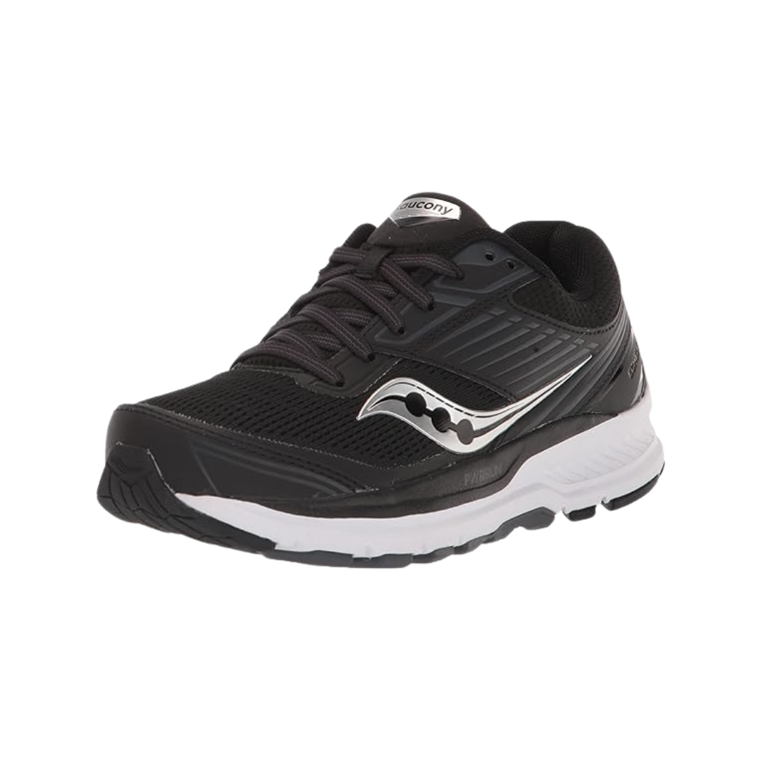 Angled view of Women’s Saucony Echelon 8 in Black/White – featuring a black engineered mesh upper, supportive and cushioned PWRRUN midsole, orthotic-friendly design, and a balanced ride built for daily walking or running comfort.