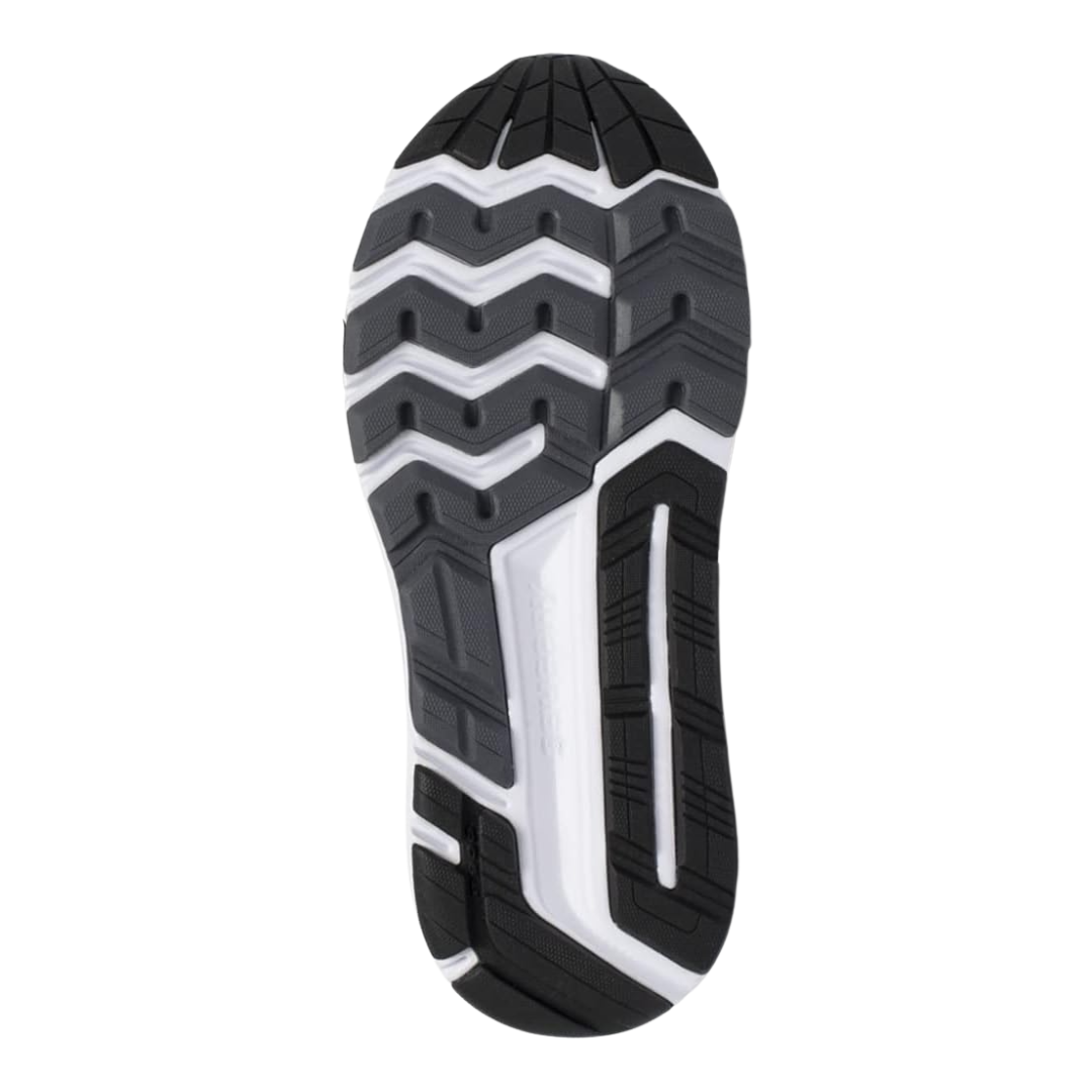 Bottom view of Women’s Saucony Echelon 8 in Black/White – featuring a durable TRI-FLEX rubber outsole, segmented tread pattern for traction and flexibility, and a wide, stable base for neutral support.