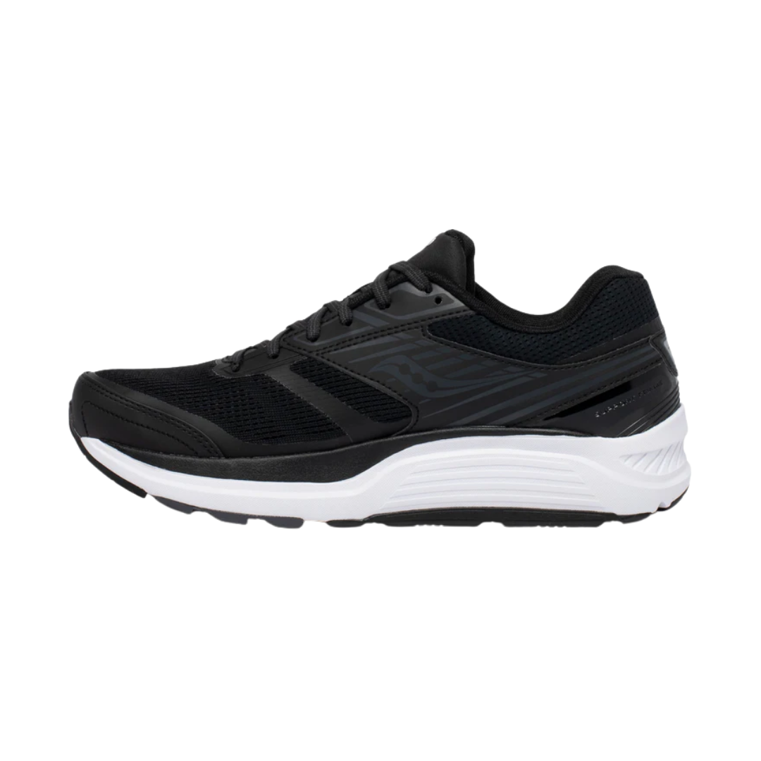 Side view of Men’s Saucony Echelon 8 in Black/White – featuring a breathable engineered mesh upper, PWRRUN midsole cushioning for balanced support, FORMFIT design for adaptive comfort, and a neutral black and white color scheme.