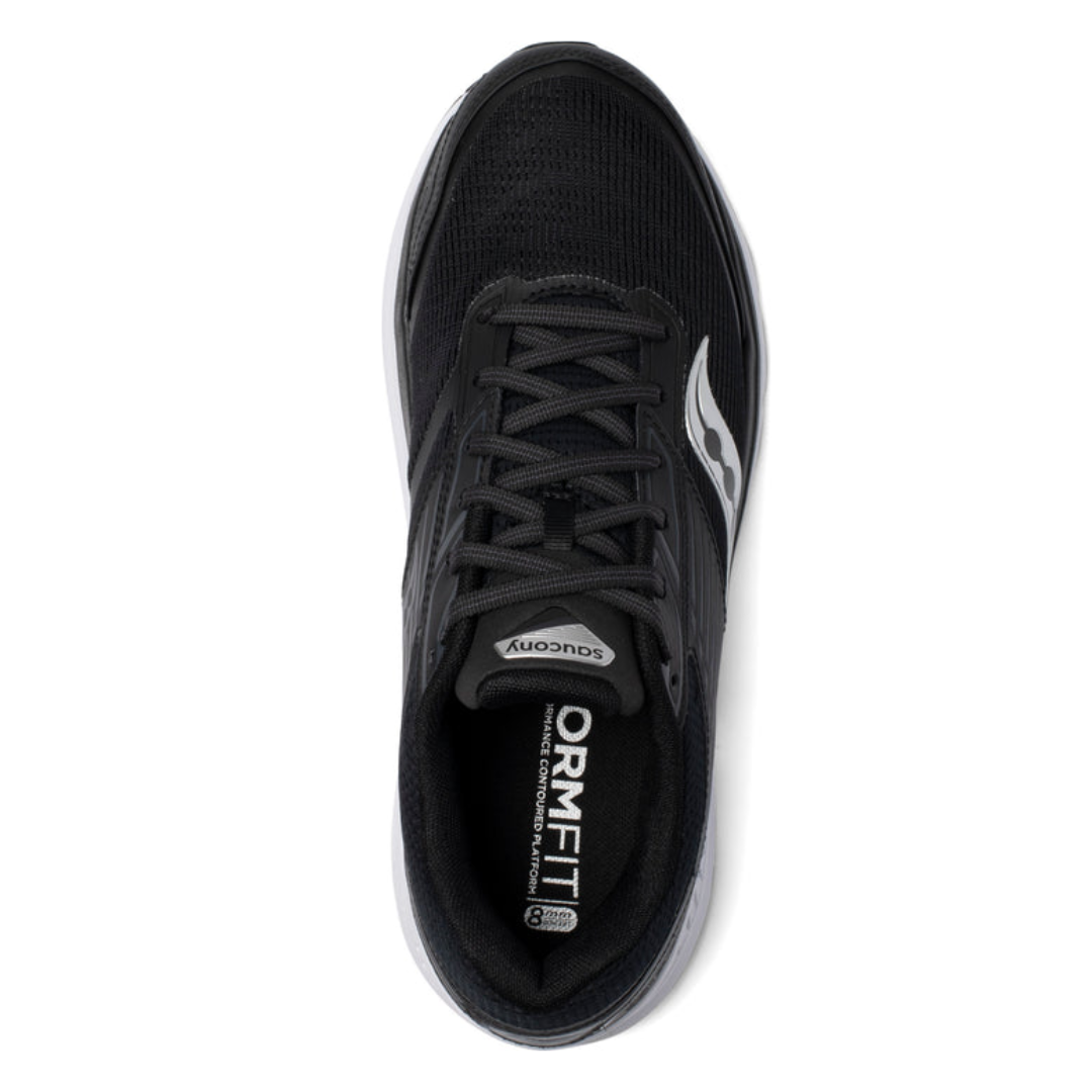 Top view of Men’s Saucony Echelon 8 in Black/White – featuring a spacious footbed, padded collar and tongue, traditional lace-up system, and orthotic-friendly construction with clean black mesh and subtle white accents.