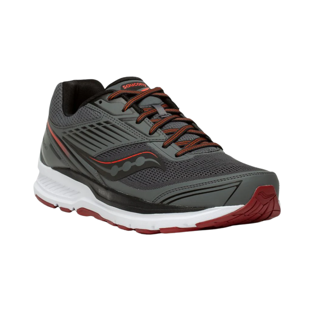 Angled view of Men’s Saucony Echelon 8 in Black/White – featuring a structured mesh upper, PWRRUN midsole, wide and supportive platform, and orthotic-friendly design suited for neutral walkers and runners.