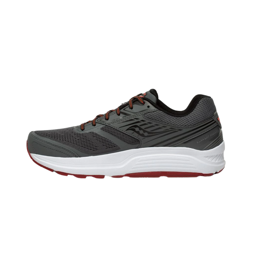 Side view of Men’s Saucony Echelon 8 in Black/White – featuring a breathable engineered mesh upper, PWRRUN midsole cushioning for balanced support, FORMFIT design for adaptive comfort, and a neutral black and white color scheme.
