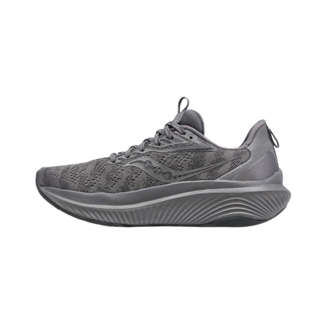 Side view of Men’s Saucony Echelon 9 in Asphalt – featuring an engineered mesh upper in asphalt grey, PWRRUN cushioning for balanced responsiveness, a wide and stable base for neutral support, and clean, understated styling.