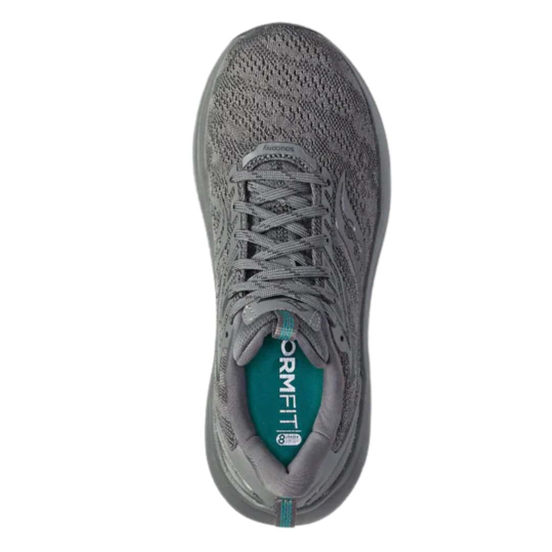 Top view of Men’s Saucony Echelon 9 in Asphalt – featuring a padded tongue and collar, lace-up closure, spacious footbed for custom orthotics, and subtle design lines in dark grey tones for a low-profile, supportive feel.