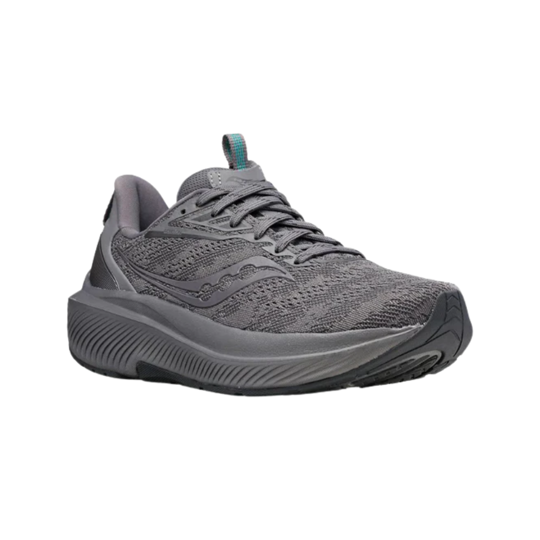 Angled view of Men’s Saucony Echelon 9 in Asphalt – featuring a dark grey breathable upper, plush PWRRUN midsole, orthotic-compatible fit, and a neutral, functional design ideal for walkers and runners who need reliable cushioning and space.