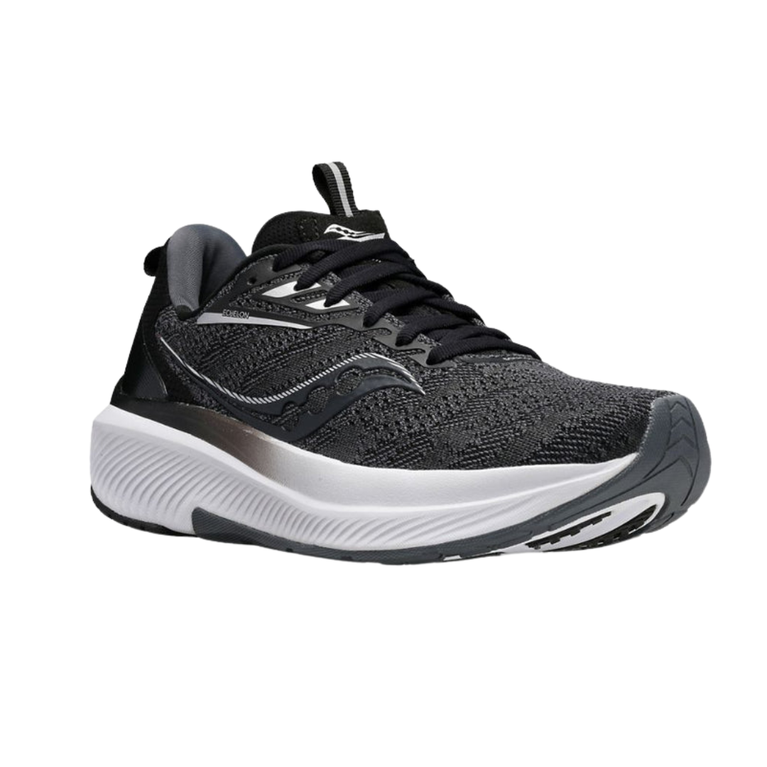 Angled view of Men’s Saucony Echelon 9 in Black/White – featuring a breathable black upper, cushioned PWRRUN midsole, neutral platform with orthotic-friendly design, and classic monochrome styling suitable for both running and walking.