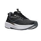 Angled view of Men’s Saucony Echelon 9 in Black/White – featuring a breathable black upper, cushioned PWRRUN midsole, neutral platform with orthotic-friendly design, and classic monochrome styling suitable for both running and walking.