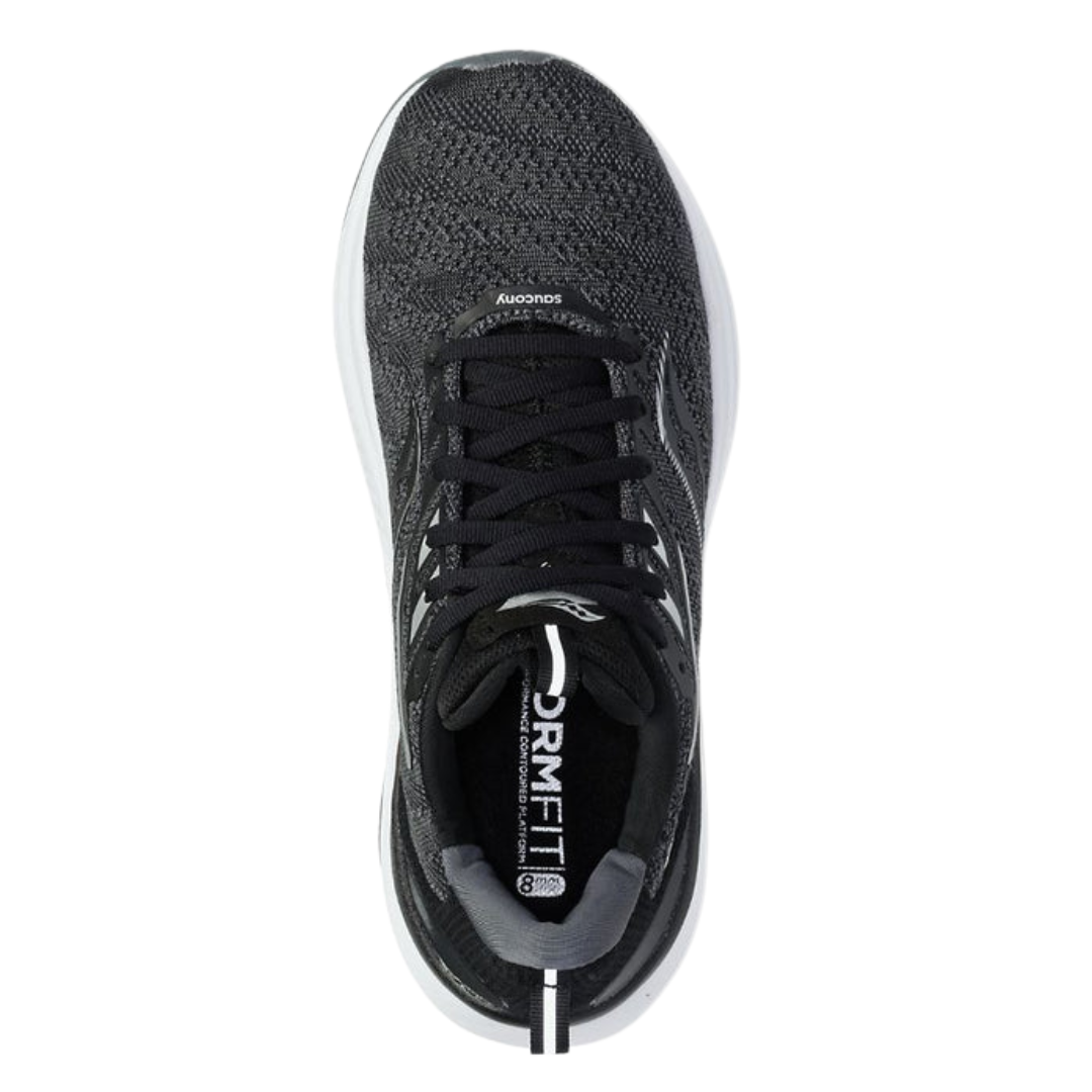 Top view of Men’s Saucony Echelon 9 in Black/White – featuring a padded tongue and collar, structured lace-up closure, roomy footbed ideal for orthotics, and subtle white Saucony branding over a sleek black upper.