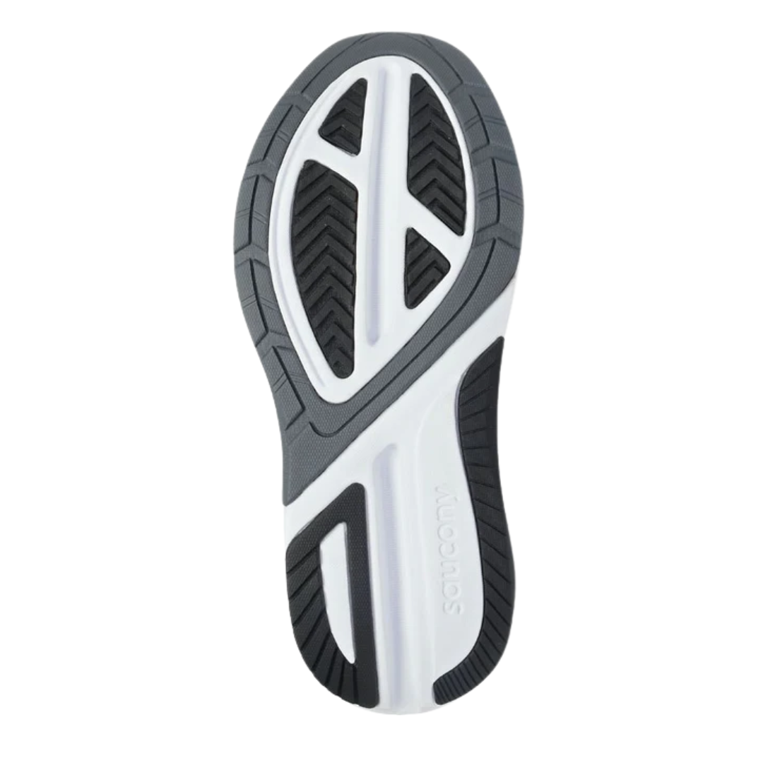Bottom view of Men’s Saucony Echelon 9 in Black/White – featuring a durable rubber outsole with segmented tread zones for traction, flex grooves for smooth heel-to-toe transitions, and reinforced high-wear areas for added longevity.