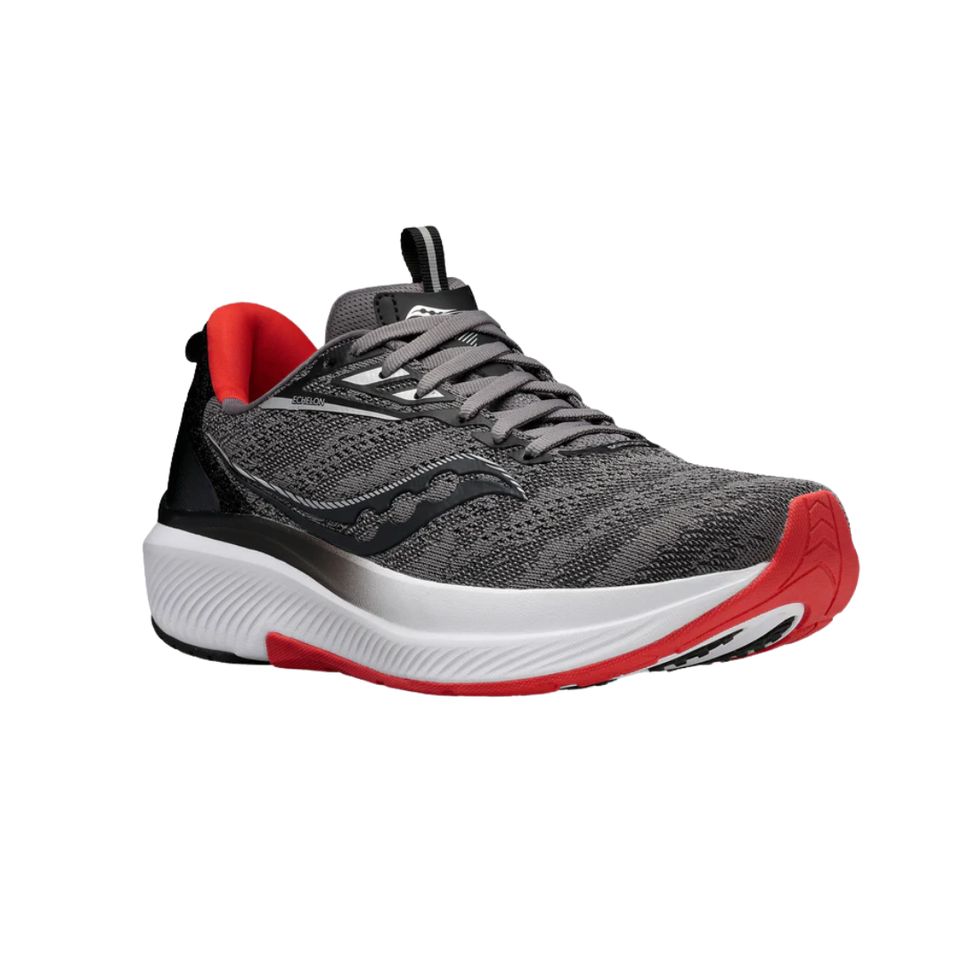 Side view of Men’s Saucony Echelon 9 in Charcoal/Red Sky – featuring a durable charcoal mesh upper with red accents, PWRRUN cushioning for a soft, responsive ride, and a stable platform ideal for neutral runners and those needing extra support.