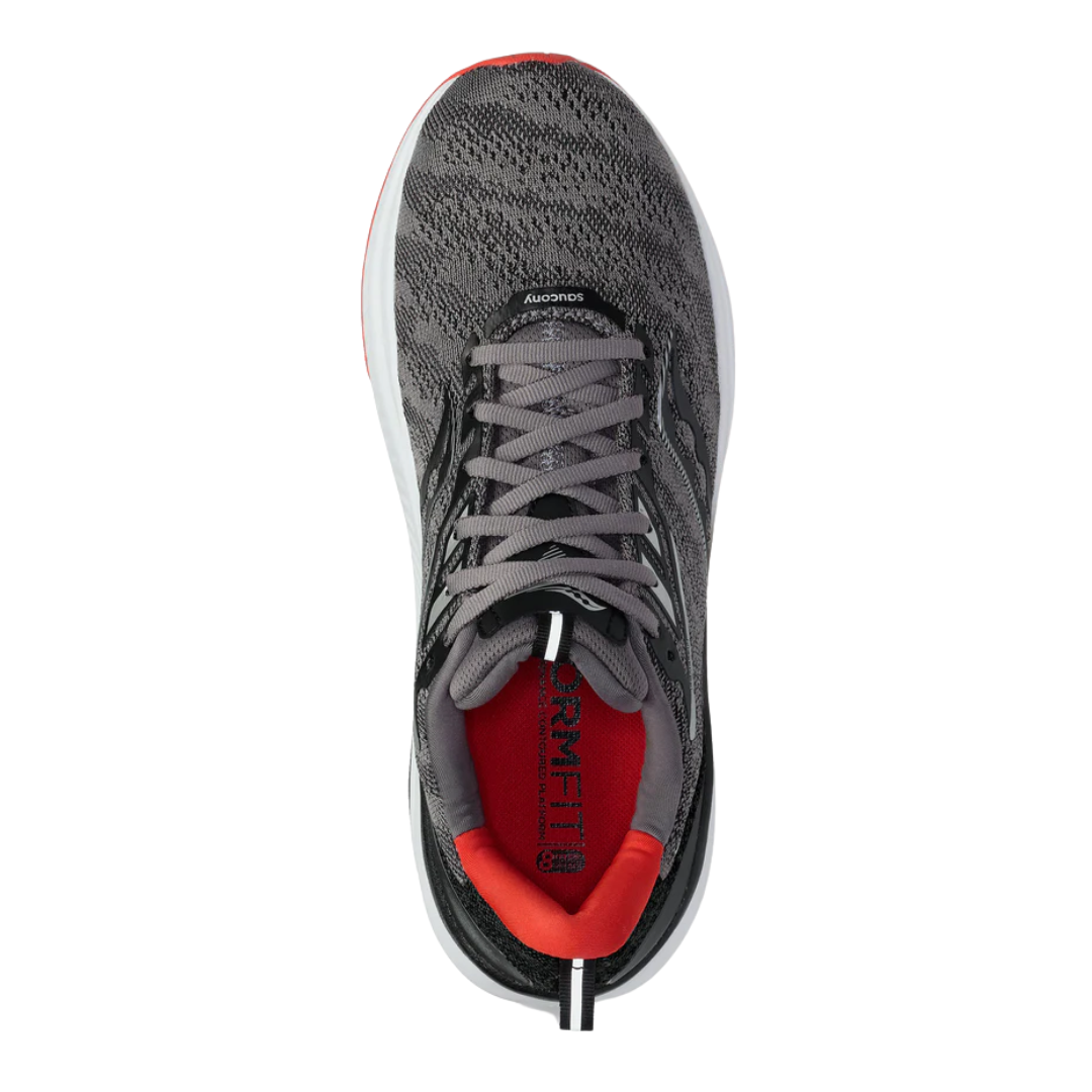 Top view of Men’s Saucony Echelon 9 in Charcoal/Red Sky – featuring a padded tongue and collar, breathable engineered mesh upper, traditional lace-up closure, and spacious FORMFIT design built to accommodate orthotics and wider foot shapes.