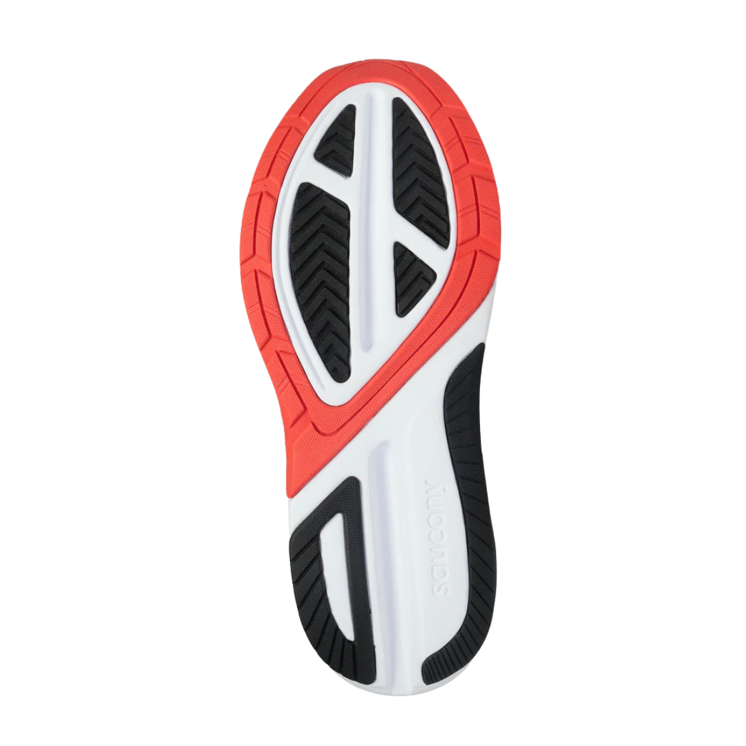 Bottom view of Men’s Saucony Echelon 9 in Charcoal/Red Sky – featuring a durable rubber outsole with high-abrasion zones, strategic flex grooves, and a stable geometry designed to promote balanced movement and traction.