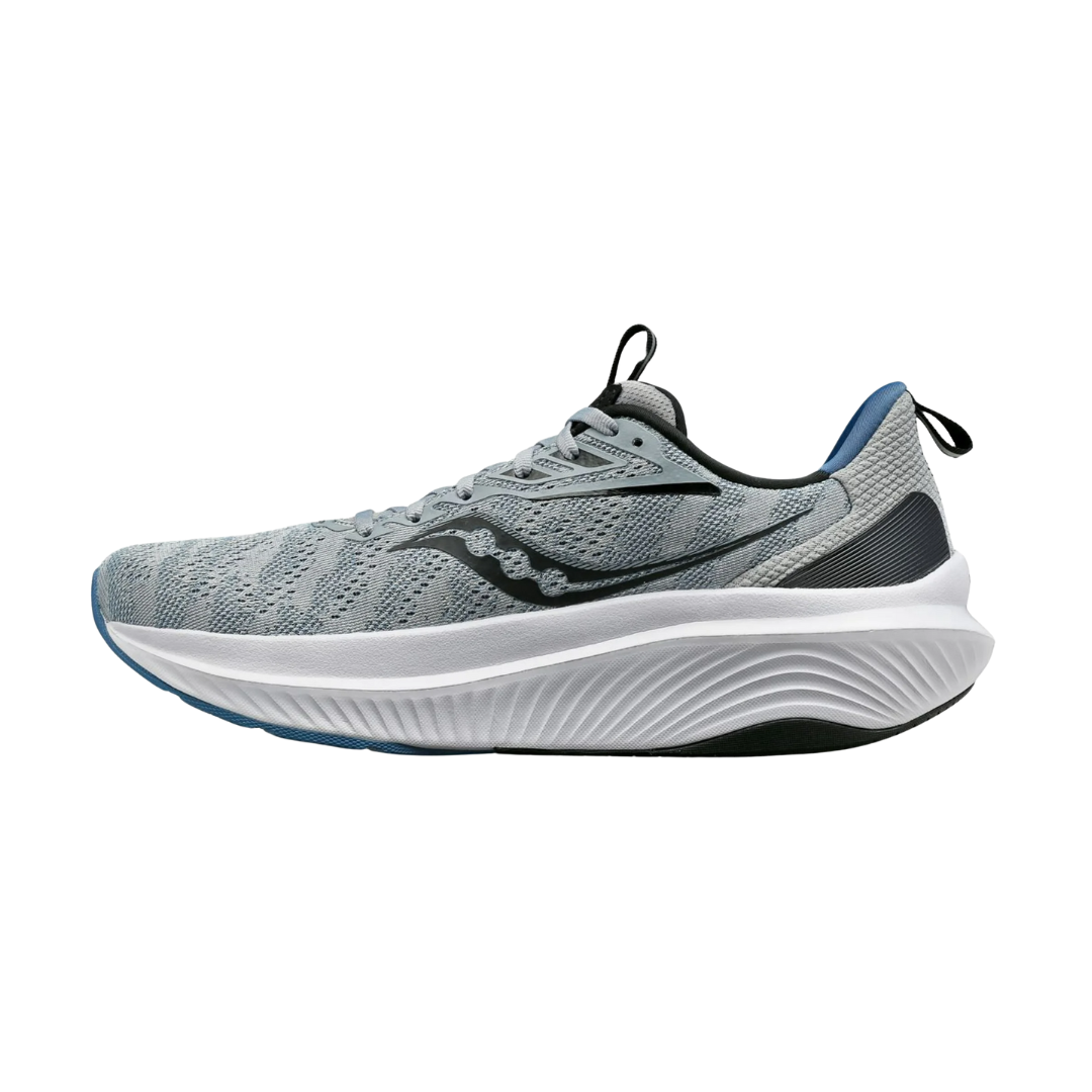 Side view of Men’s Saucony Echelon 9 in Fossil/Murk – featuring a supportive engineered mesh upper in fossil beige with murk gray accents, PWRRUN cushioning for a soft yet stable ride, and a wide, neutral base for maximum comfort and balance.