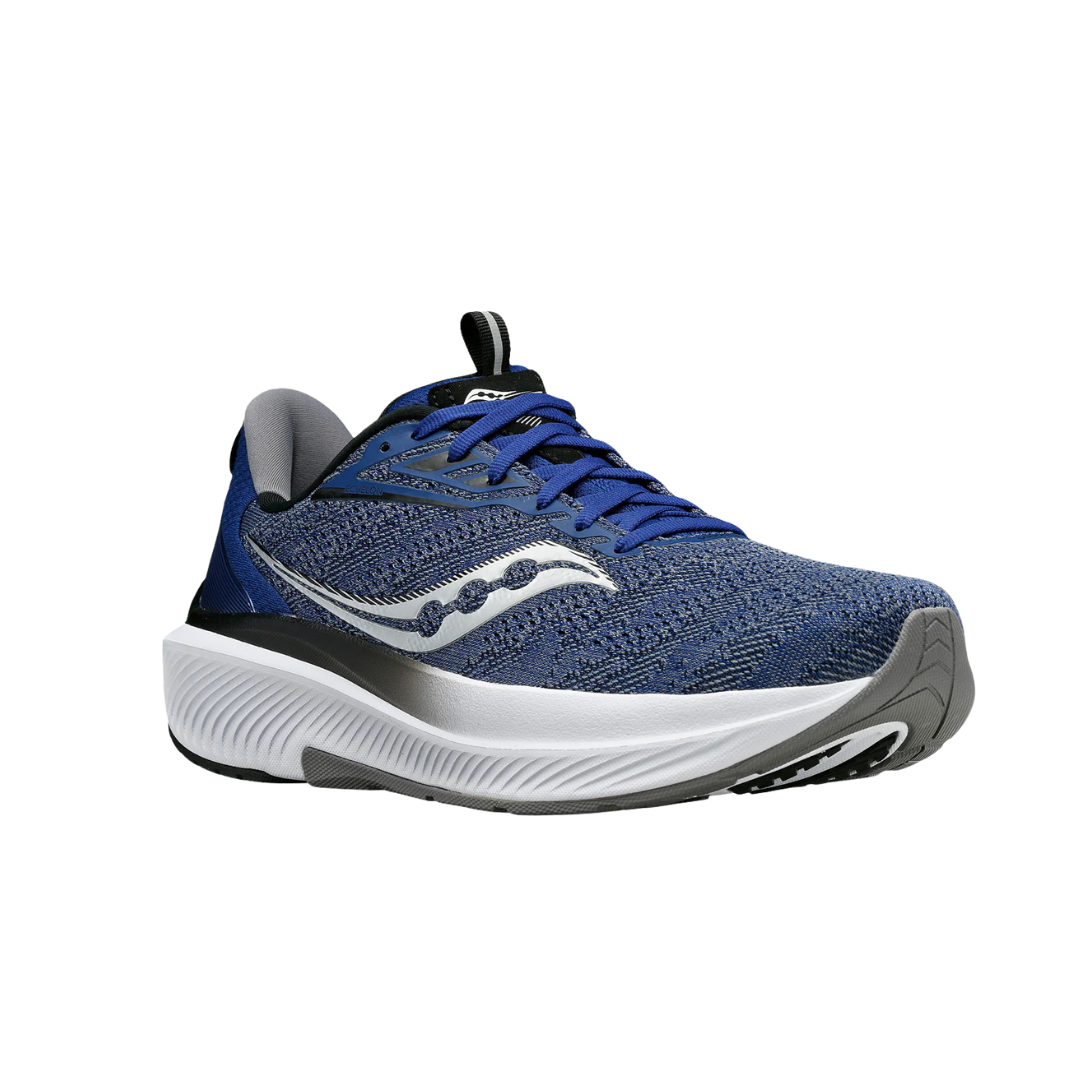 Angled view of Men’s Saucony Echelon 9 in Indigo/Black – featuring bold indigo tones with black trim, breathable mesh upper, PWRRUN cushioning, and a wide, orthotic-friendly base designed for maximum comfort and support.