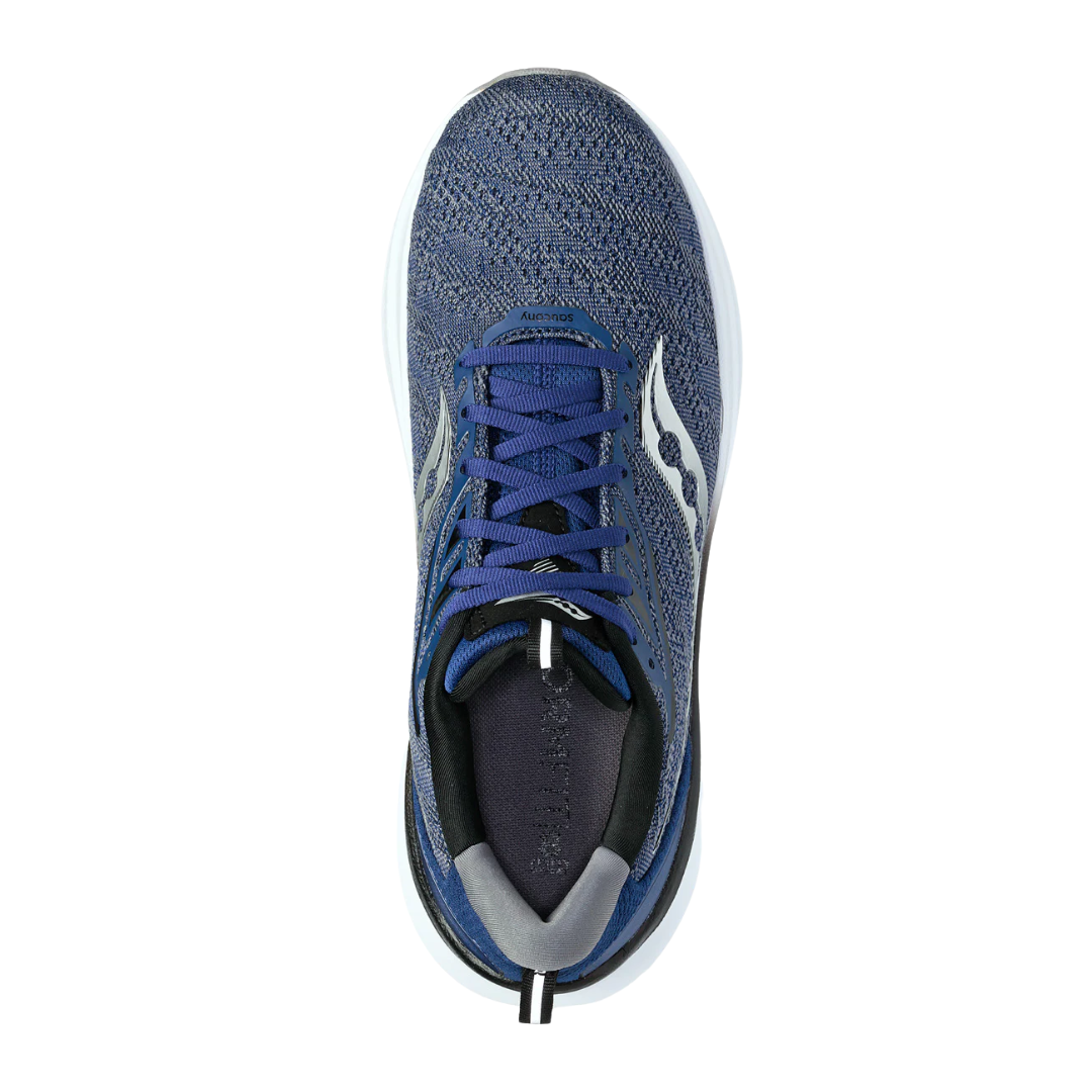 Top view of Men’s Saucony Echelon 9 in Indigo/Black – featuring a padded tongue and collar, breathable indigo mesh upper with black detailing, traditional lace-up closure, and a roomy FORMFIT design tailored for orthotics and wider foot shapes.