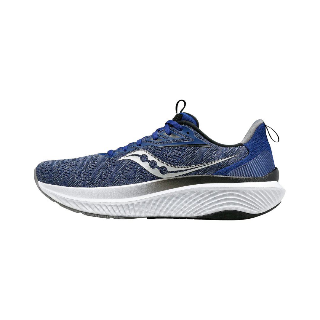 Side view of Men’s Saucony Echelon 9 in Indigo/Black – featuring a supportive engineered mesh upper in deep indigo with sleek black overlays, PWRRUN cushioning for a balanced, responsive ride, and a broad, stable base ideal for neutral runners.